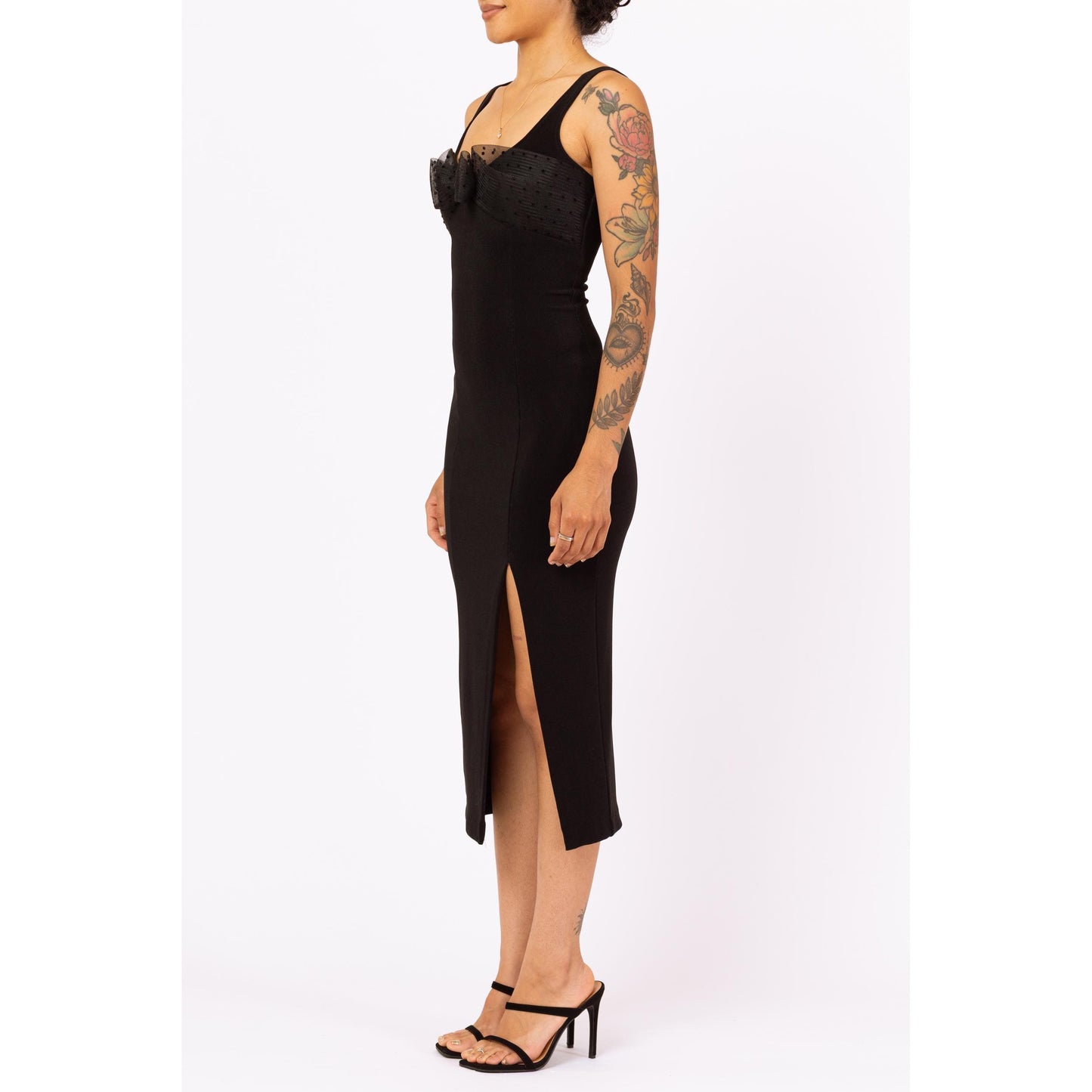 Vintage 90s Black Bodycon Pinup Bow Midi Dress - Extra Small | Sexy Sleeveless Cocktail Party Dress, Formal High Slit Evening Gown