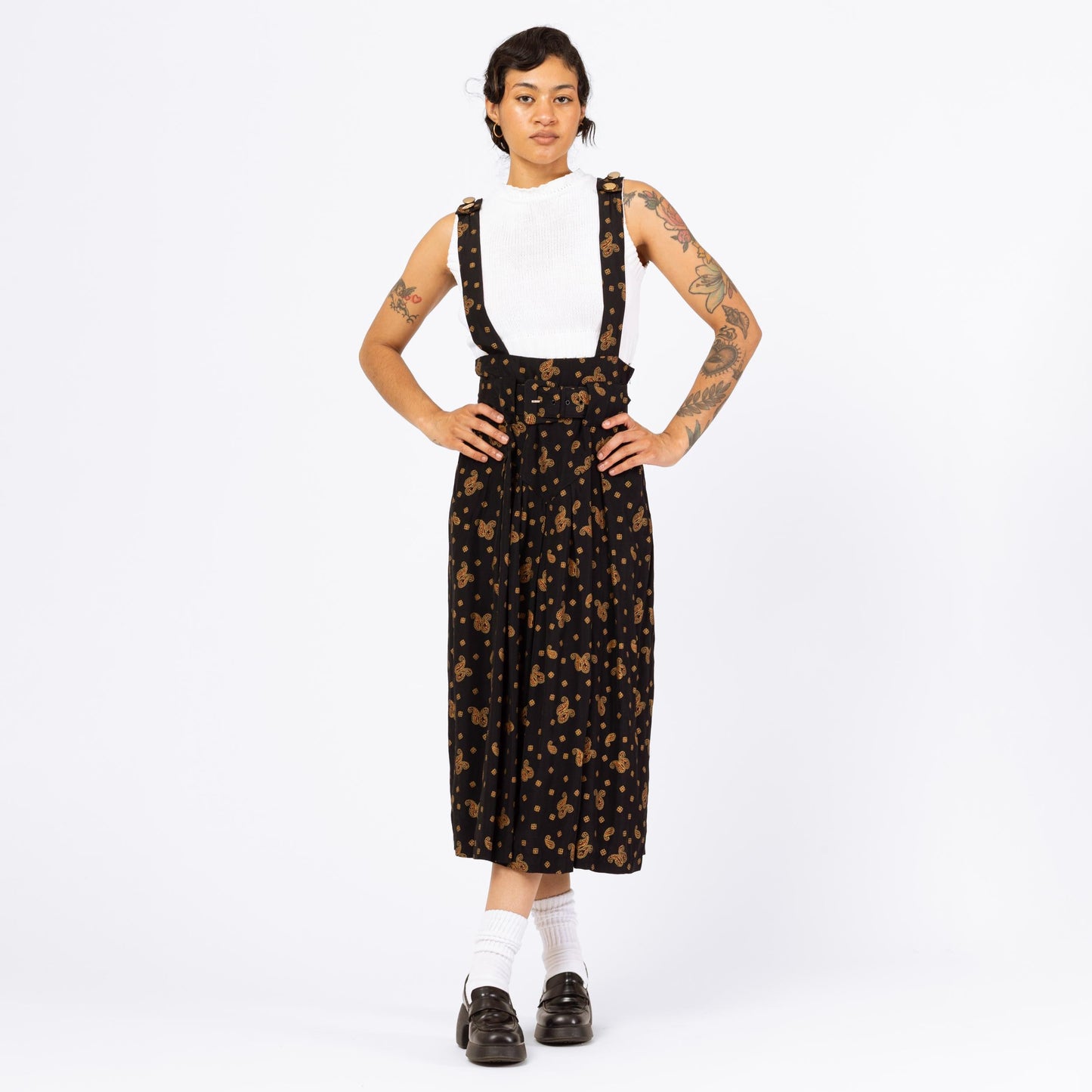 Vintage 80s Black Paisley Pinafore Dress - Small | Cottagecore Midi Jumper Dress, Belted Basque Waist Suspender Dress