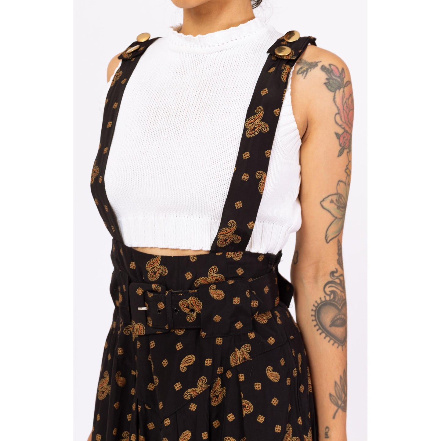 Vintage 80s Black Paisley Pinafore Dress - Small | Cottagecore Midi Jumper Dress, Belted Basque Waist Suspender Dress