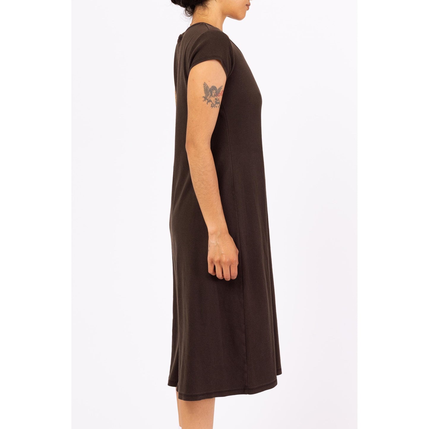 Vintage 90s Black Jersey Midi Dress - Medium | Cap Sleeve Minimalist Grunge Scoop Neck Henley Day Dress