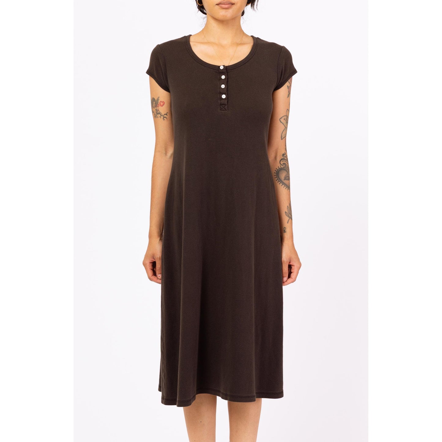 Vintage 90s Black Jersey Midi Dress - Medium | Cap Sleeve Minimalist Grunge Scoop Neck Henley Day Dress