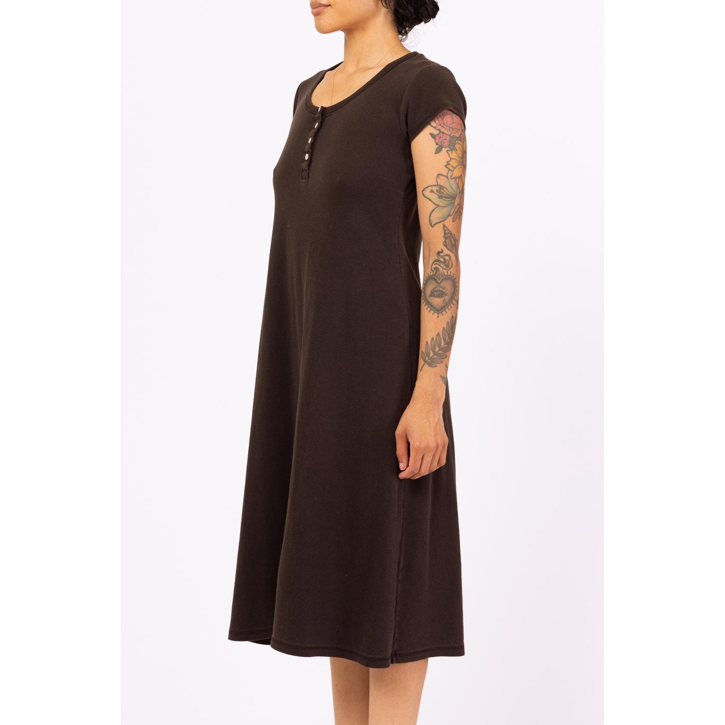 Vintage 90s Black Jersey Midi Dress - Medium | Cap Sleeve Minimalist Grunge Scoop Neck Henley Day Dress