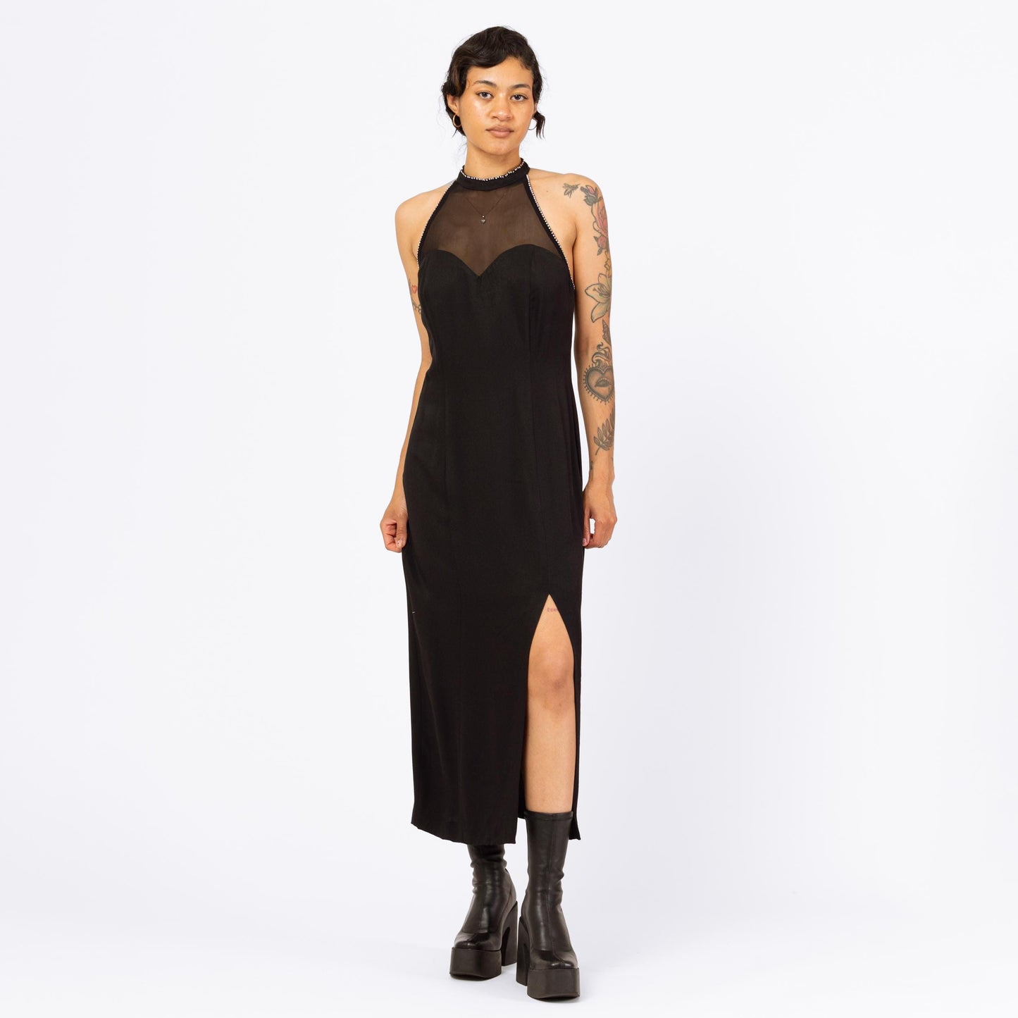 Vintage 90s Black Rhinestone Racerback Maxi Gown - Medium | Mesh Sweetheart Neck Thigh Slit Formal Dress
