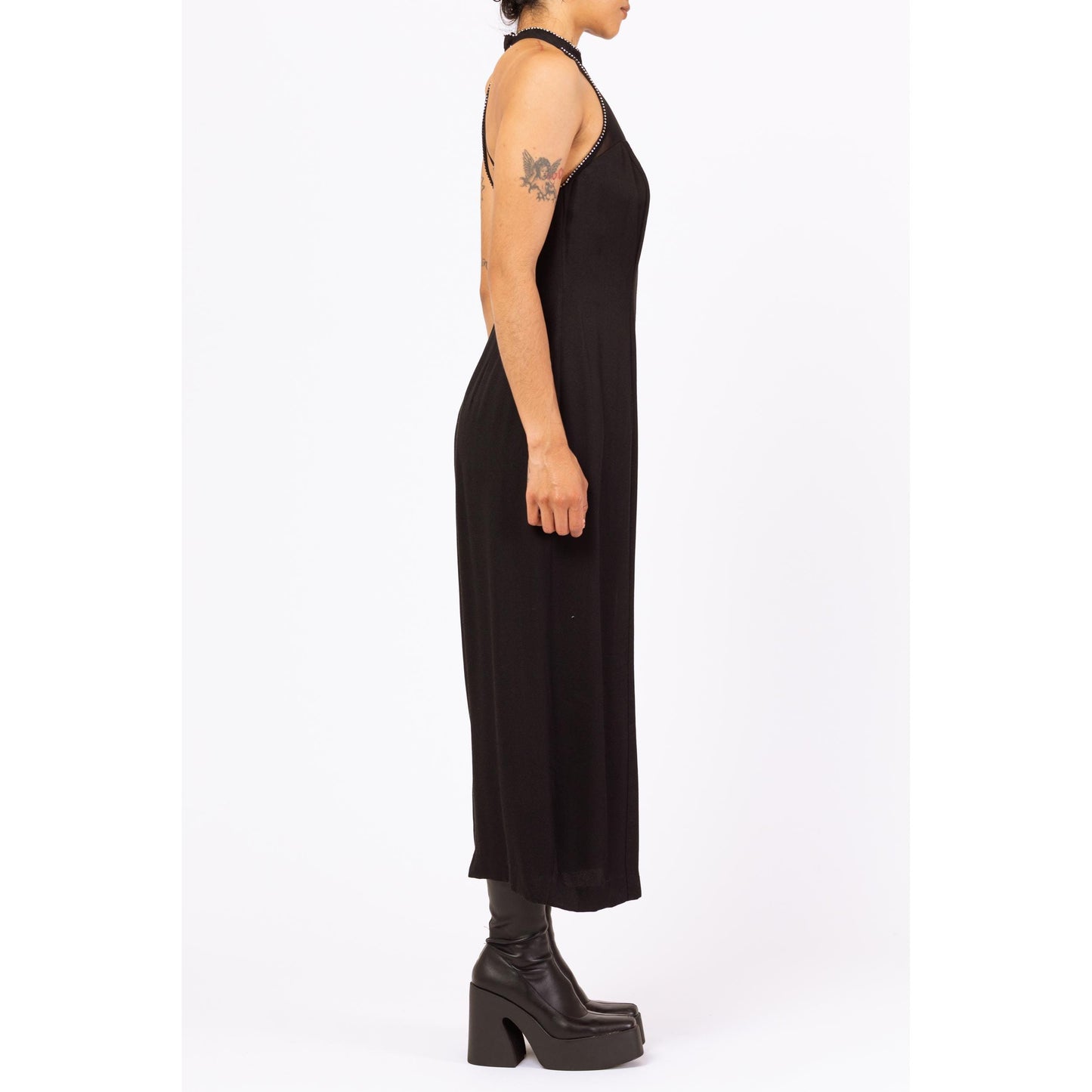 Vintage 90s Black Rhinestone Racerback Maxi Gown - Medium | Mesh Sweetheart Neck Thigh Slit Formal Dress