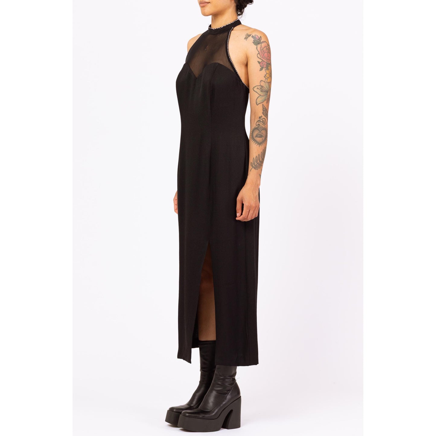 Vintage 90s Black Rhinestone Racerback Maxi Gown - Medium | Mesh Sweetheart Neck Thigh Slit Formal Dress