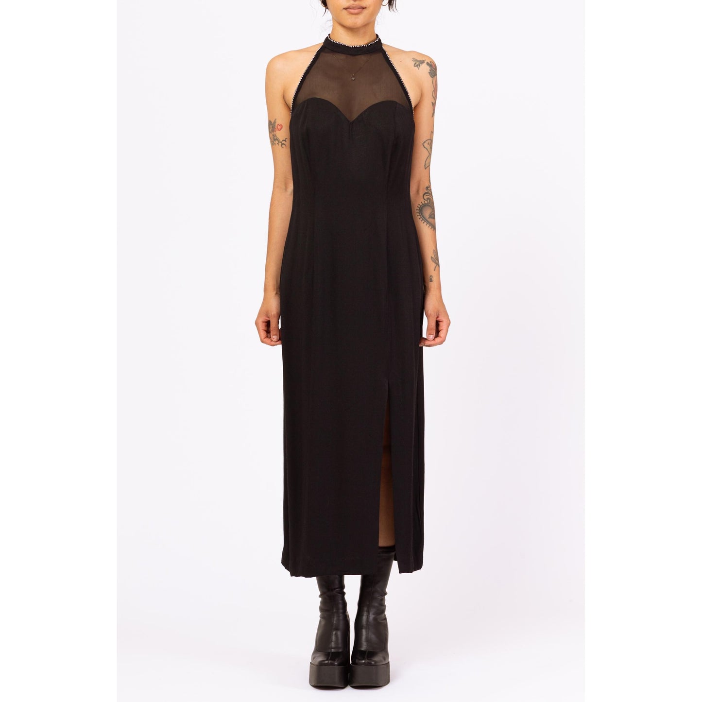 Vintage 90s Black Rhinestone Racerback Maxi Gown - Medium | Mesh Sweetheart Neck Thigh Slit Formal Dress