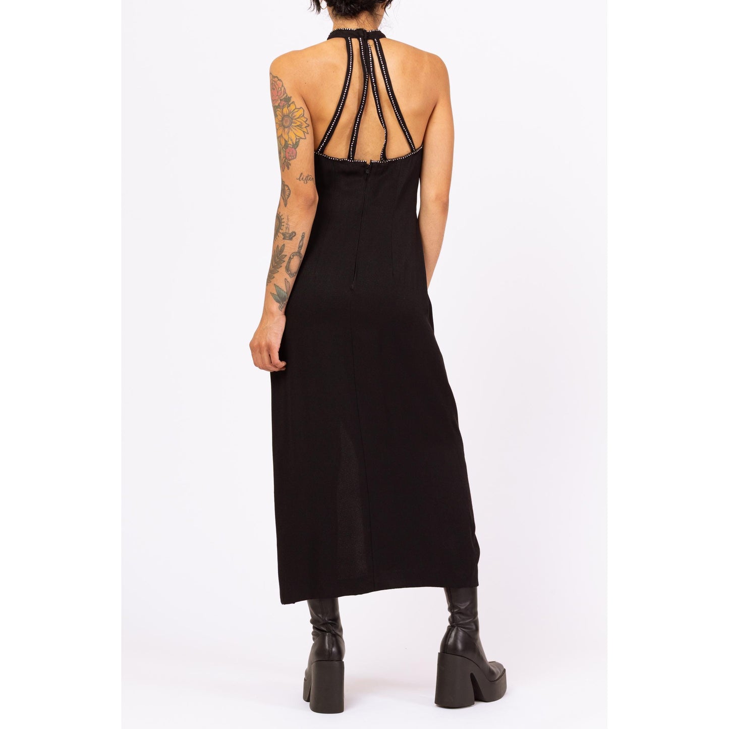 Vintage 90s Black Rhinestone Racerback Maxi Gown - Medium | Mesh Sweetheart Neck Thigh Slit Formal Dress