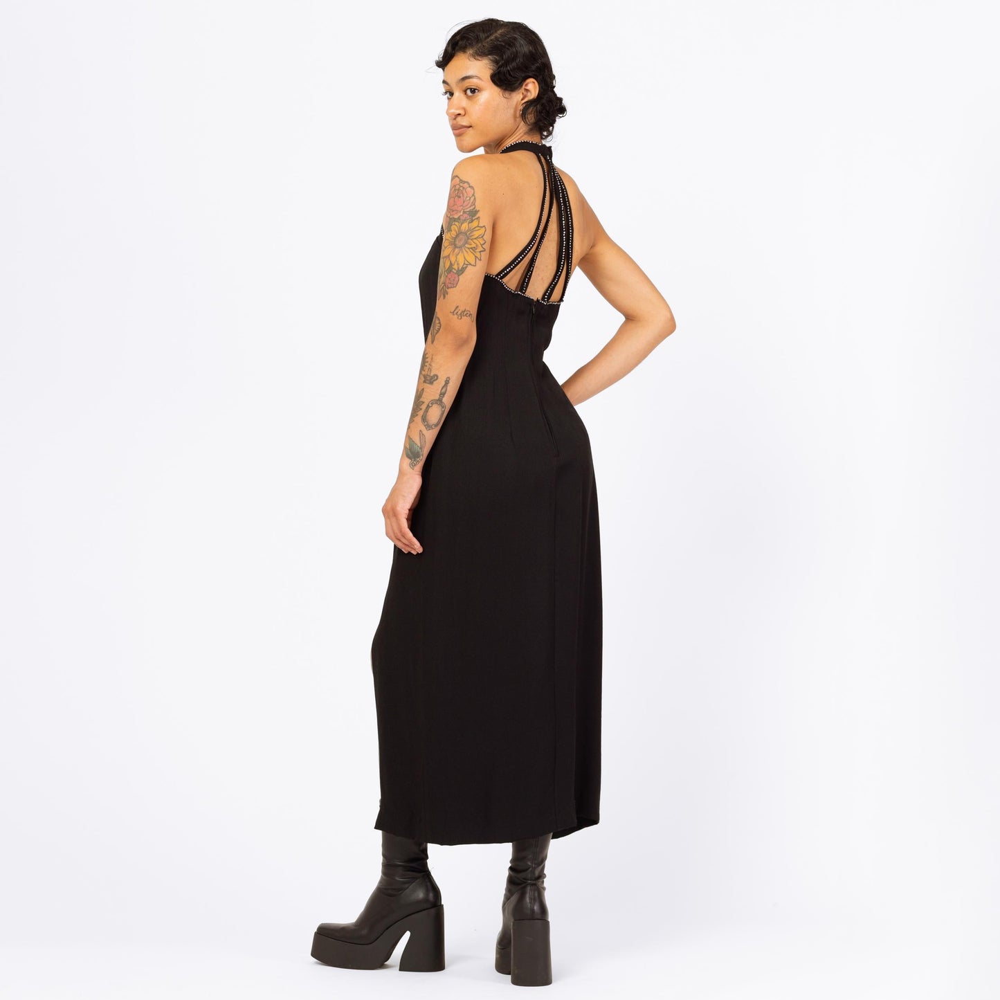 Vintage 90s Black Rhinestone Racerback Maxi Gown - Medium | Mesh Sweetheart Neck Thigh Slit Formal Dress