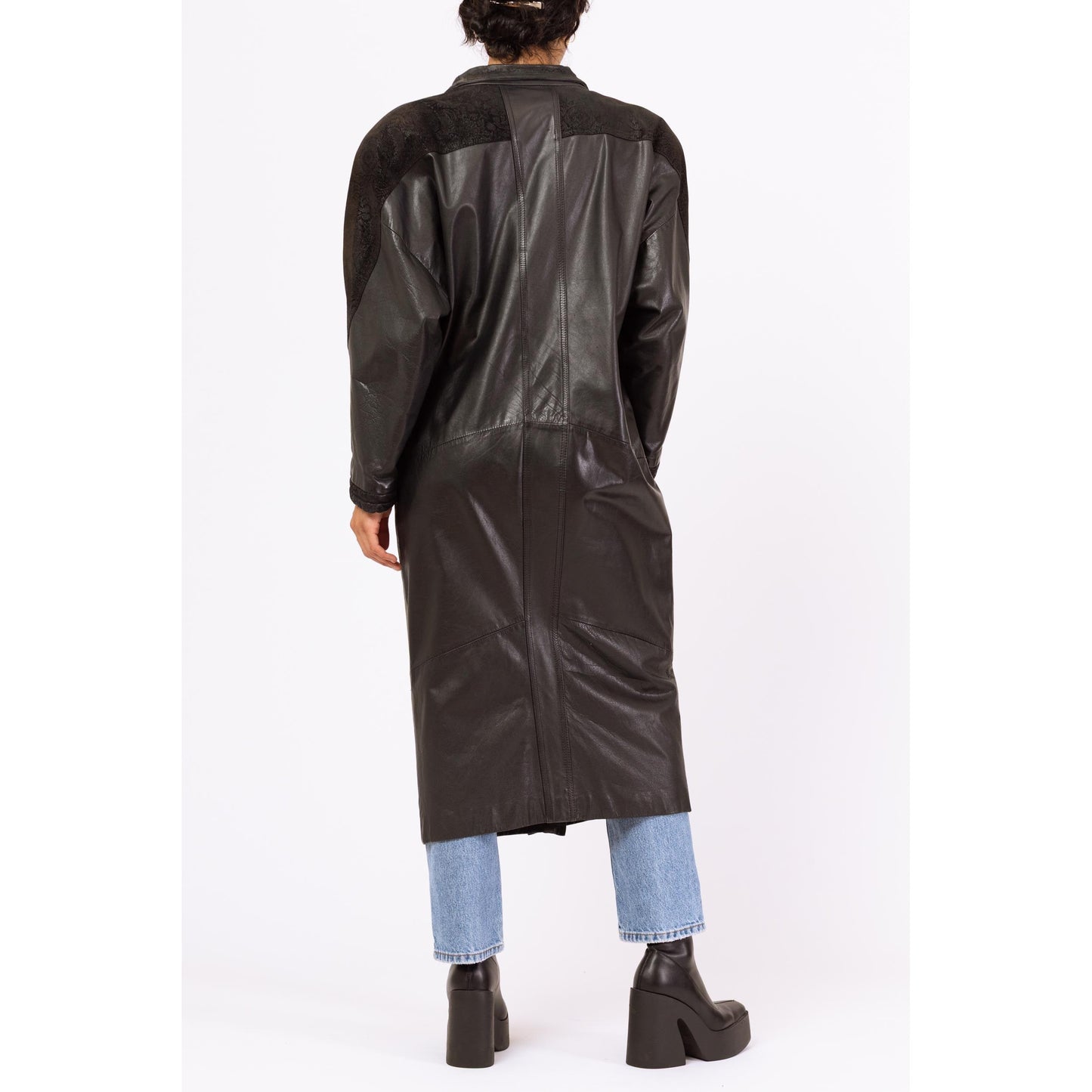 Vintage 80s Black Leather New Wave Duster Jacket - Medium | Embossed Paisley Button Up Winter Overcoat, Gothic Trench Coat