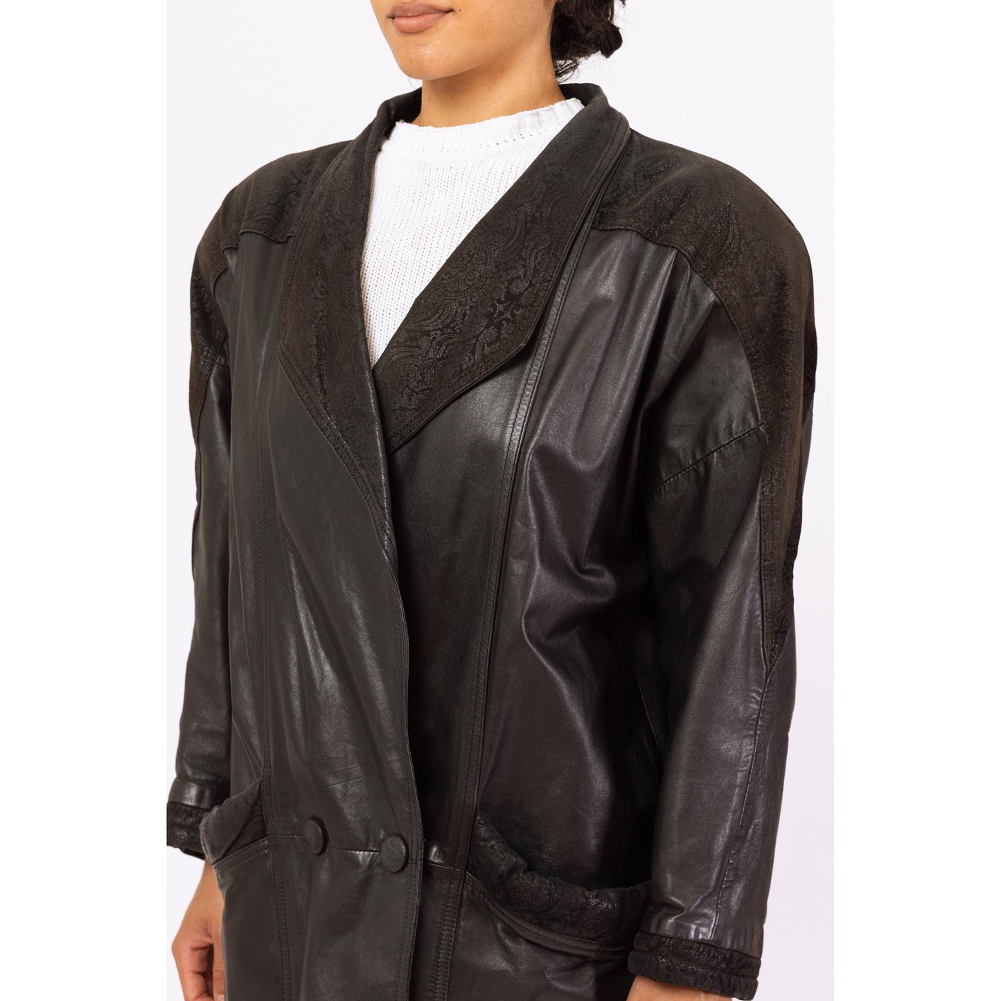 Vintage 80s Black Leather New Wave Duster Jacket - Medium | Embossed Paisley Button Up Winter Overcoat, Gothic Trench Coat