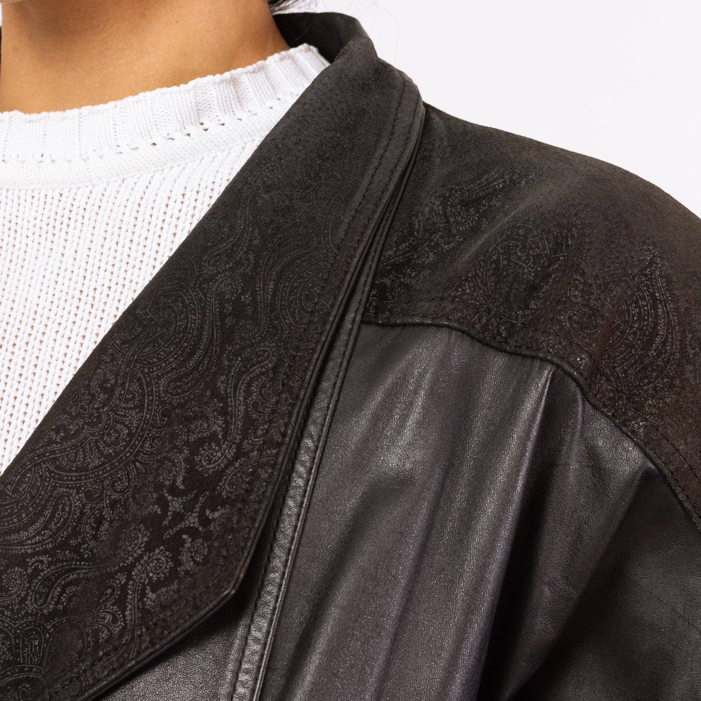 Vintage 80s Black Leather New Wave Duster Jacket - Medium | Embossed Paisley Button Up Winter Overcoat, Gothic Trench Coat