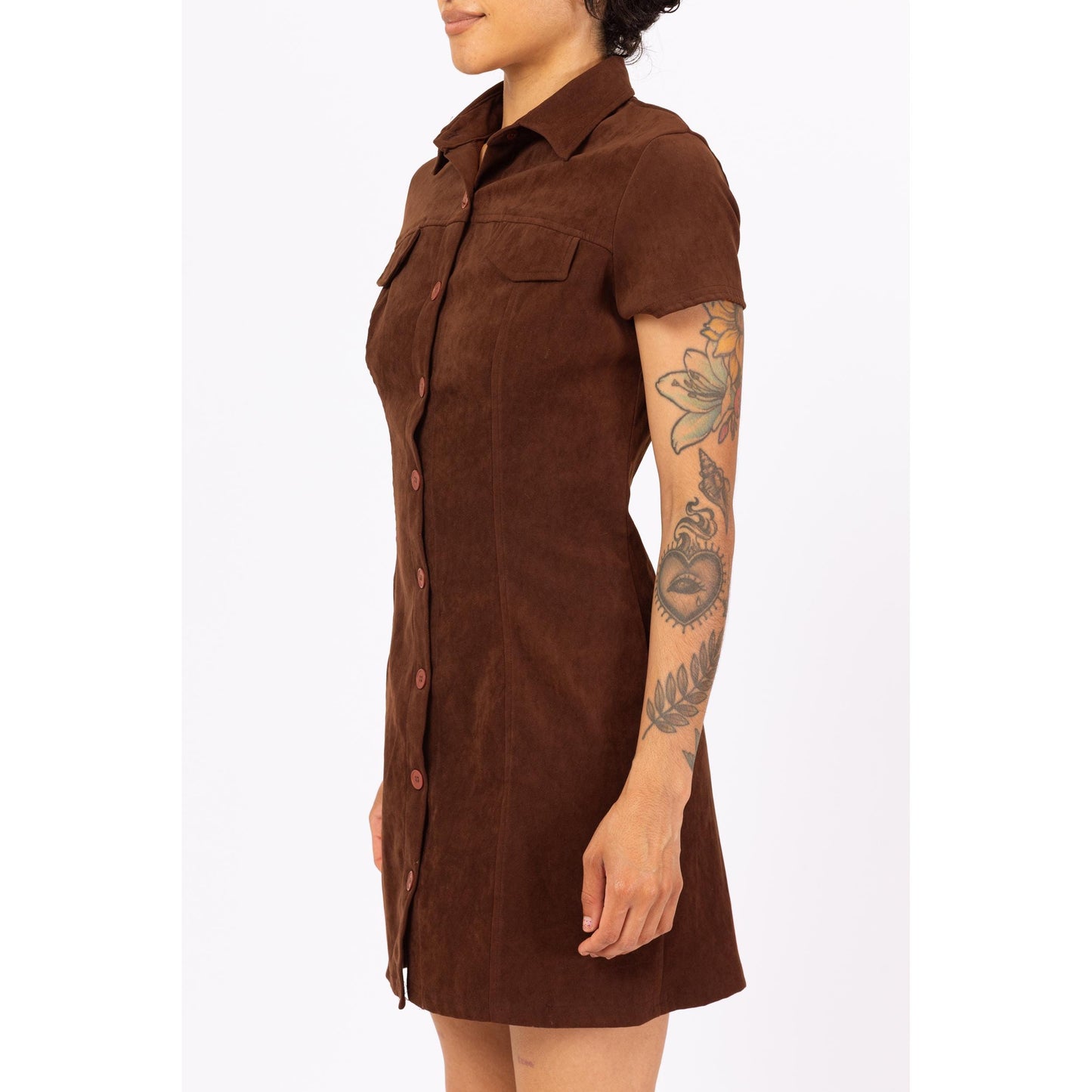 Vintage 90s Brown Ultrasuede Mini Shirt Dress - XS to Small | Collared Button Front Short Sleeve Minimalist Dress