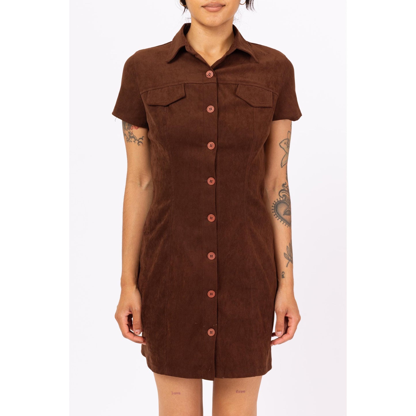 Vintage 90s Brown Ultrasuede Mini Shirt Dress - XS to Small | Collared Button Front Short Sleeve Minimalist Dress