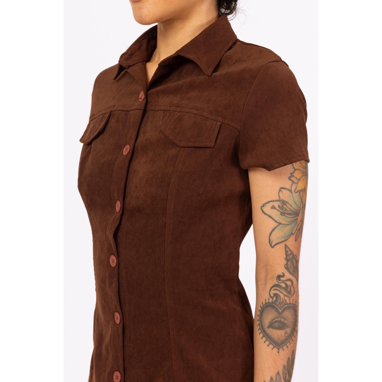 Vintage 90s Brown Ultrasuede Mini Shirt Dress - XS to Small | Collared Button Front Short Sleeve Minimalist Dress