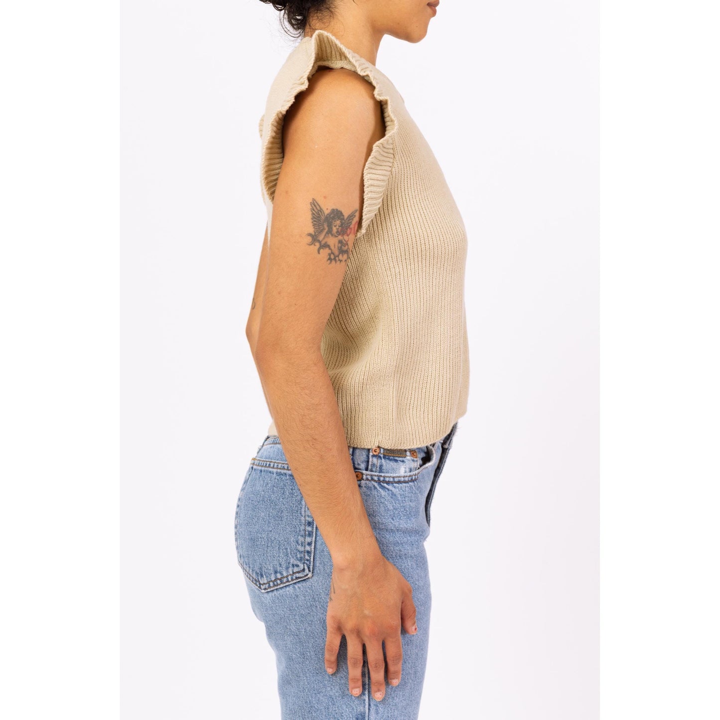 Vintage 70s Beige Knit Flutter Sleeve Top - Extra Small | Boho Vintage Ribbed Button Up Sweater Shirt
