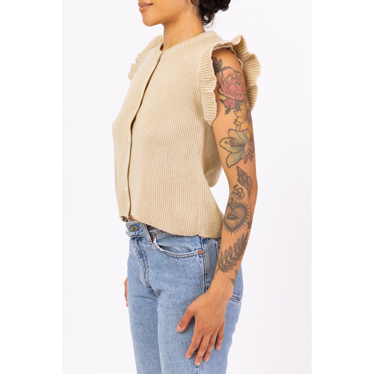 Vintage 70s Beige Knit Flutter Sleeve Top - Extra Small | Boho Vintage Ribbed Button Up Sweater Shirt
