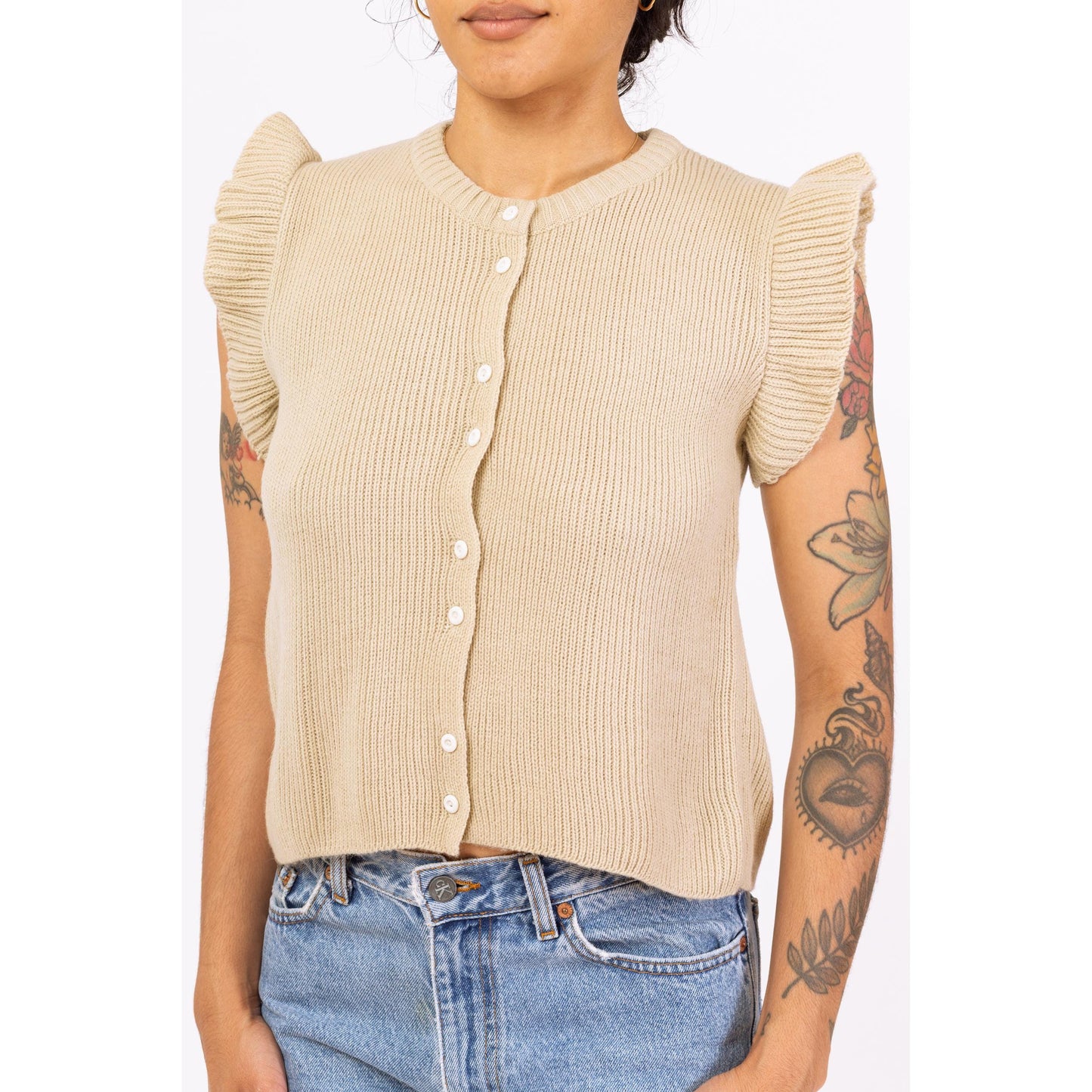 Vintage 70s Beige Knit Flutter Sleeve Top - Extra Small | Boho Vintage Ribbed Button Up Sweater Shirt