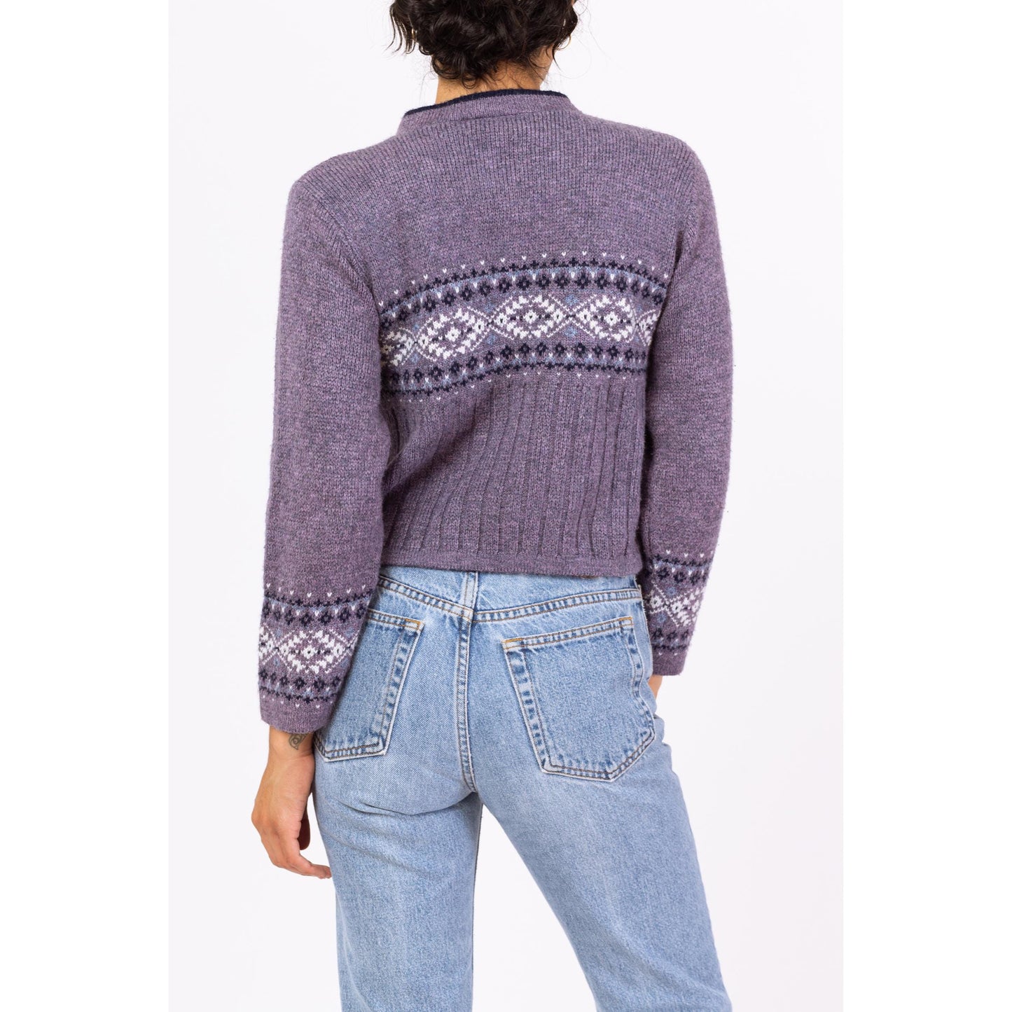 Vintage 90s Purple Fair Isle Cropped Sweater - Medium | Grunge V Neck Pullover, Slouchy Boxy Fit Jumper