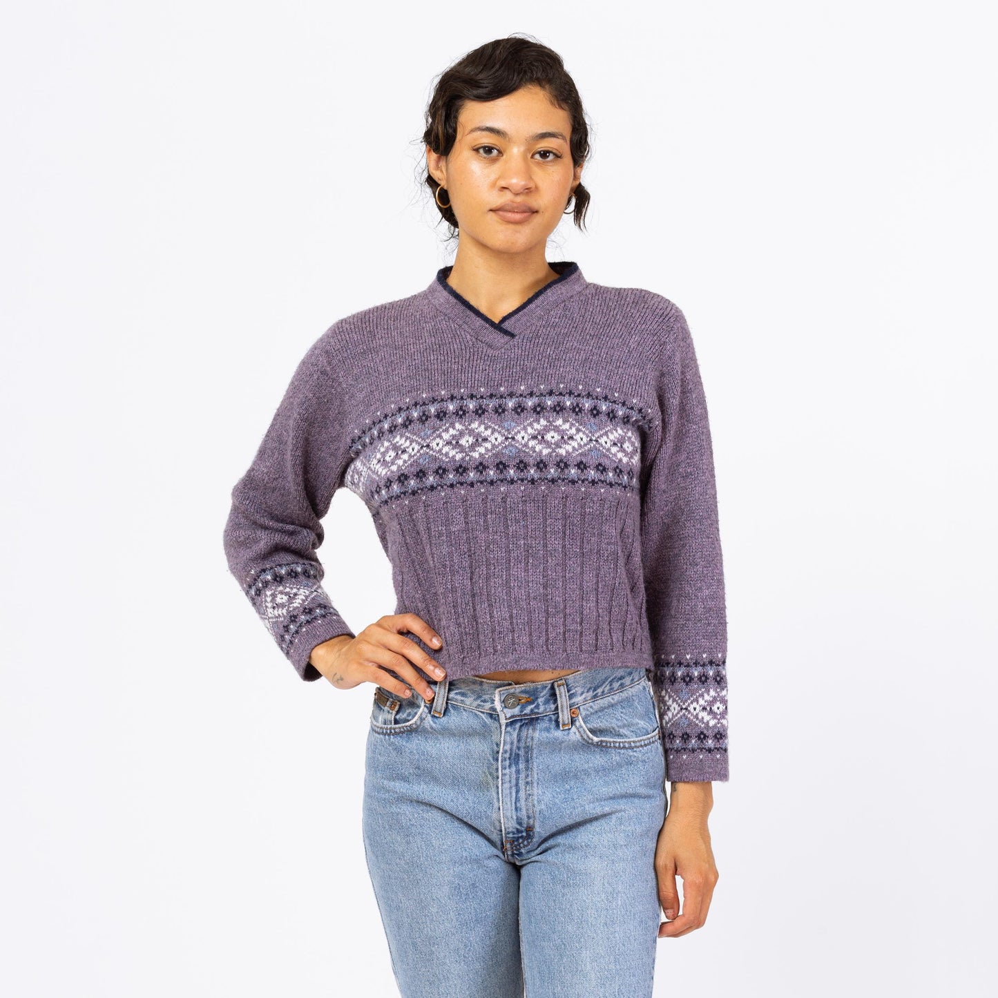 Vintage 90s Purple Fair Isle Cropped Sweater - Medium | Grunge V Neck Pullover, Slouchy Boxy Fit Jumper