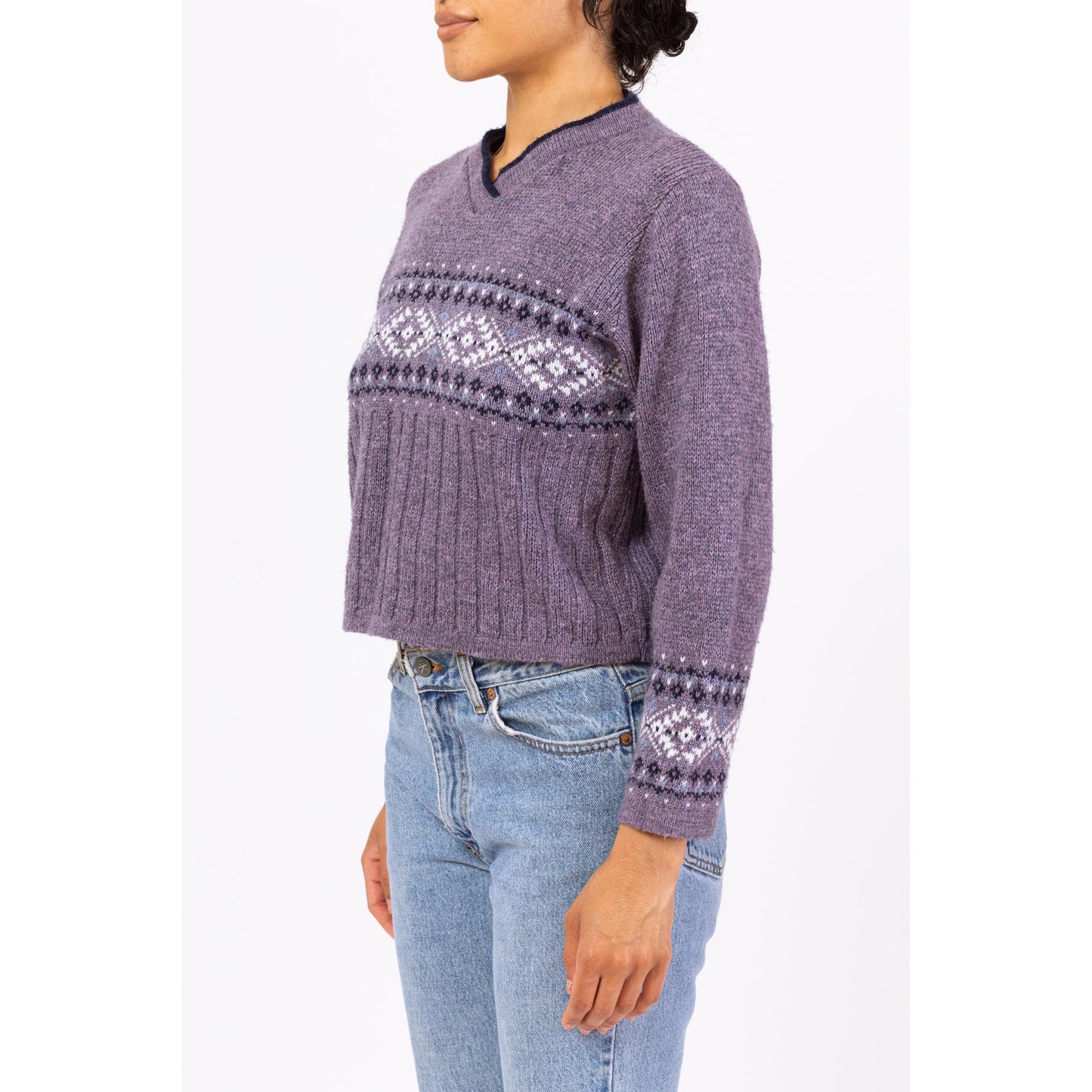 Vintage 90s Purple Fair Isle Cropped Sweater - Medium | Grunge V Neck Pullover, Slouchy Boxy Fit Jumper