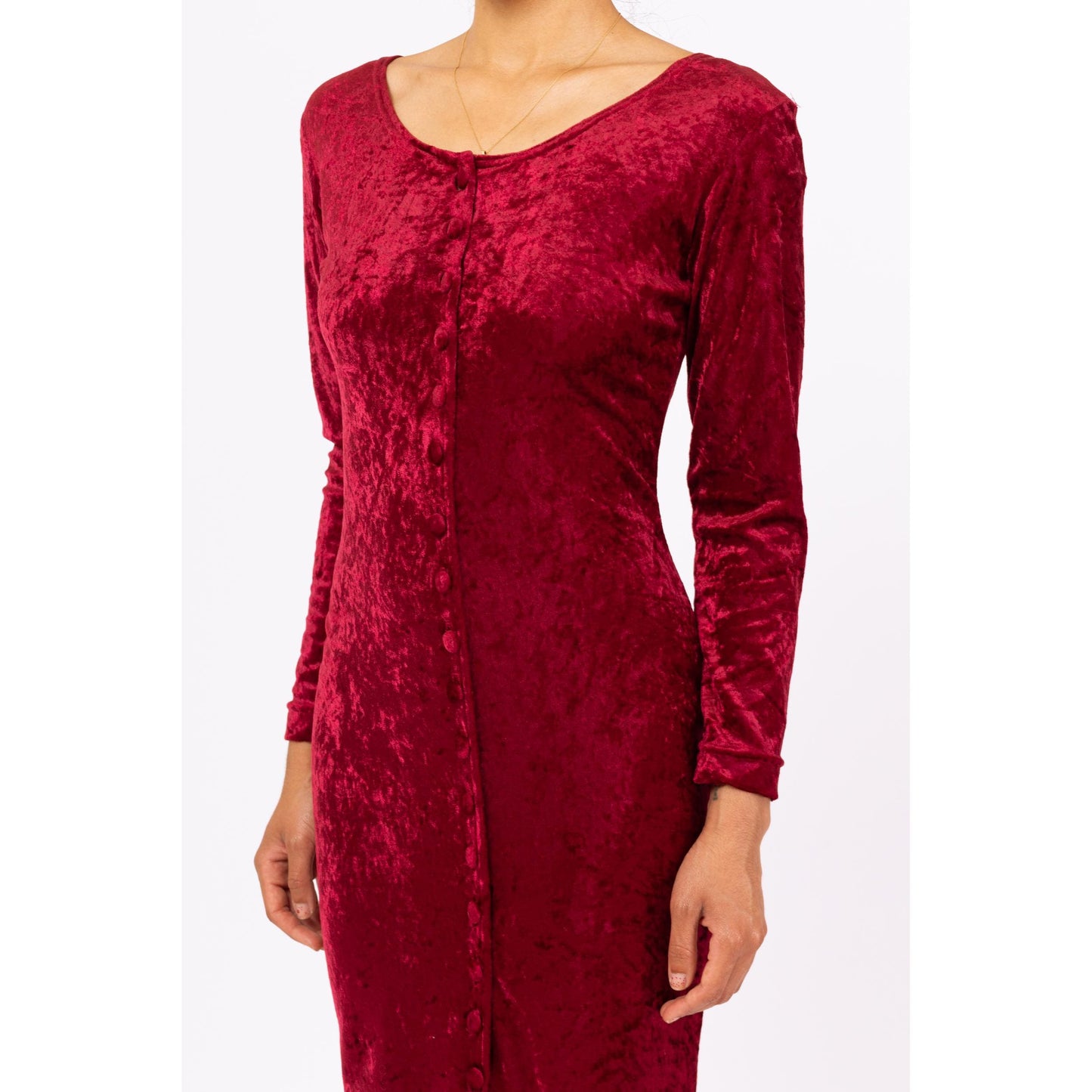 Vintage 90s Wine Red Crushed Velvet Midi Dress - Small | Long Sleeve Bodycon Party Dress, Grunge Button Front Dress