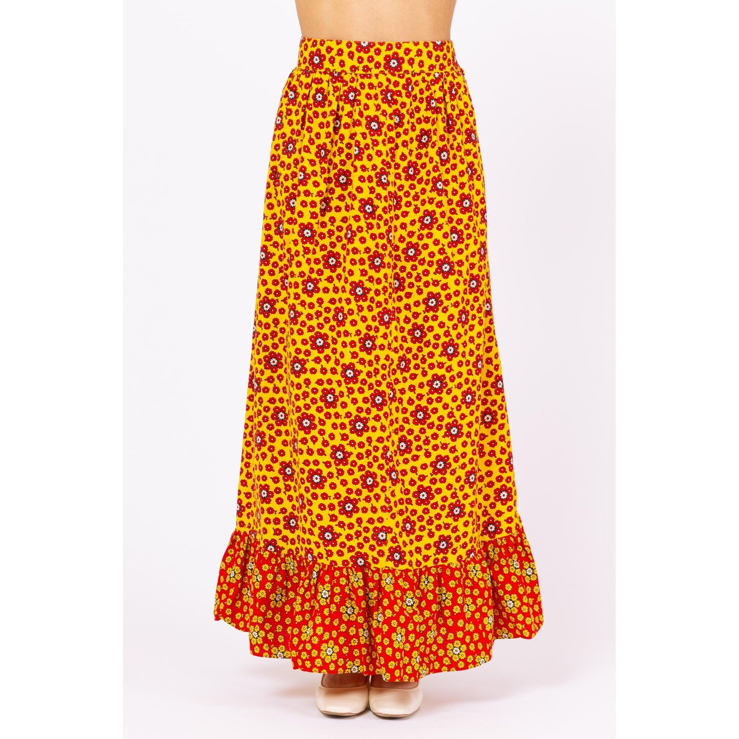 Vintage 70s Boho Flower Power Maxi Skirt - Small, 26" Waist | Yellow & Red Floral Long Summer Skirt, High Waist Cottagecore Skirt