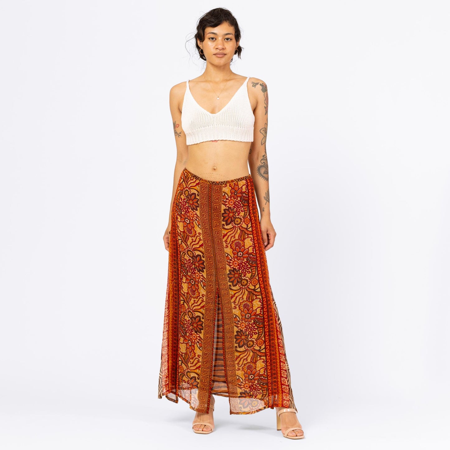 Vintage 90s René Derhy Earth Tone Floral Layered Maxi Skirt - Medium | Boho A Line Red & Yellow Split Panel Long Summer Skirt