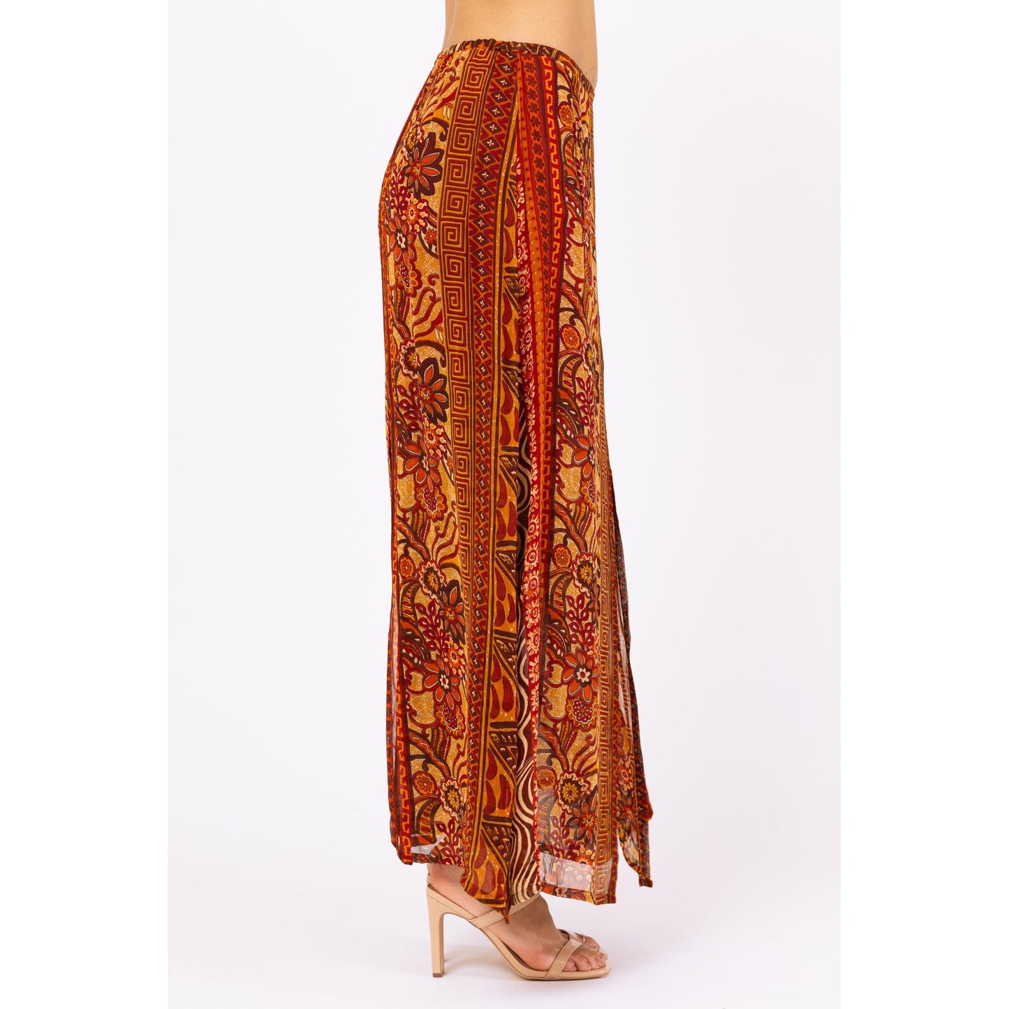 Vintage 90s René Derhy Earth Tone Floral Layered Maxi Skirt - Medium | Boho A Line Red & Yellow Split Panel Long Summer Skirt