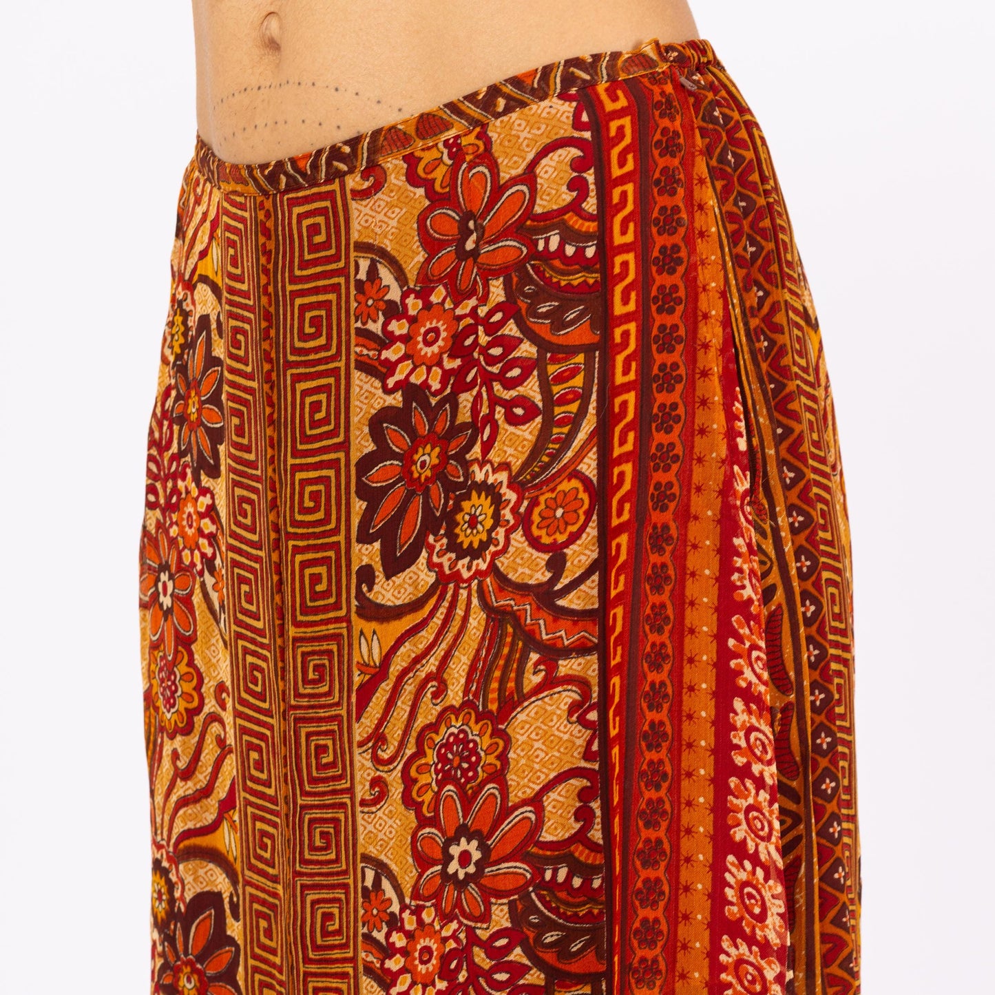 Vintage 90s René Derhy Earth Tone Floral Layered Maxi Skirt - Medium | Boho A Line Red & Yellow Split Panel Long Summer Skirt