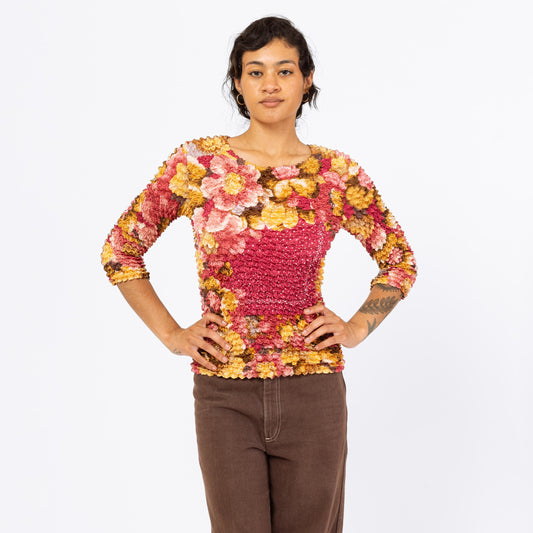 Vintage Y2K Floral Popcorn Shirt - One Size | 2000s Boho 3/4 Sleeve Stretchy Scrunchie Bubble Top