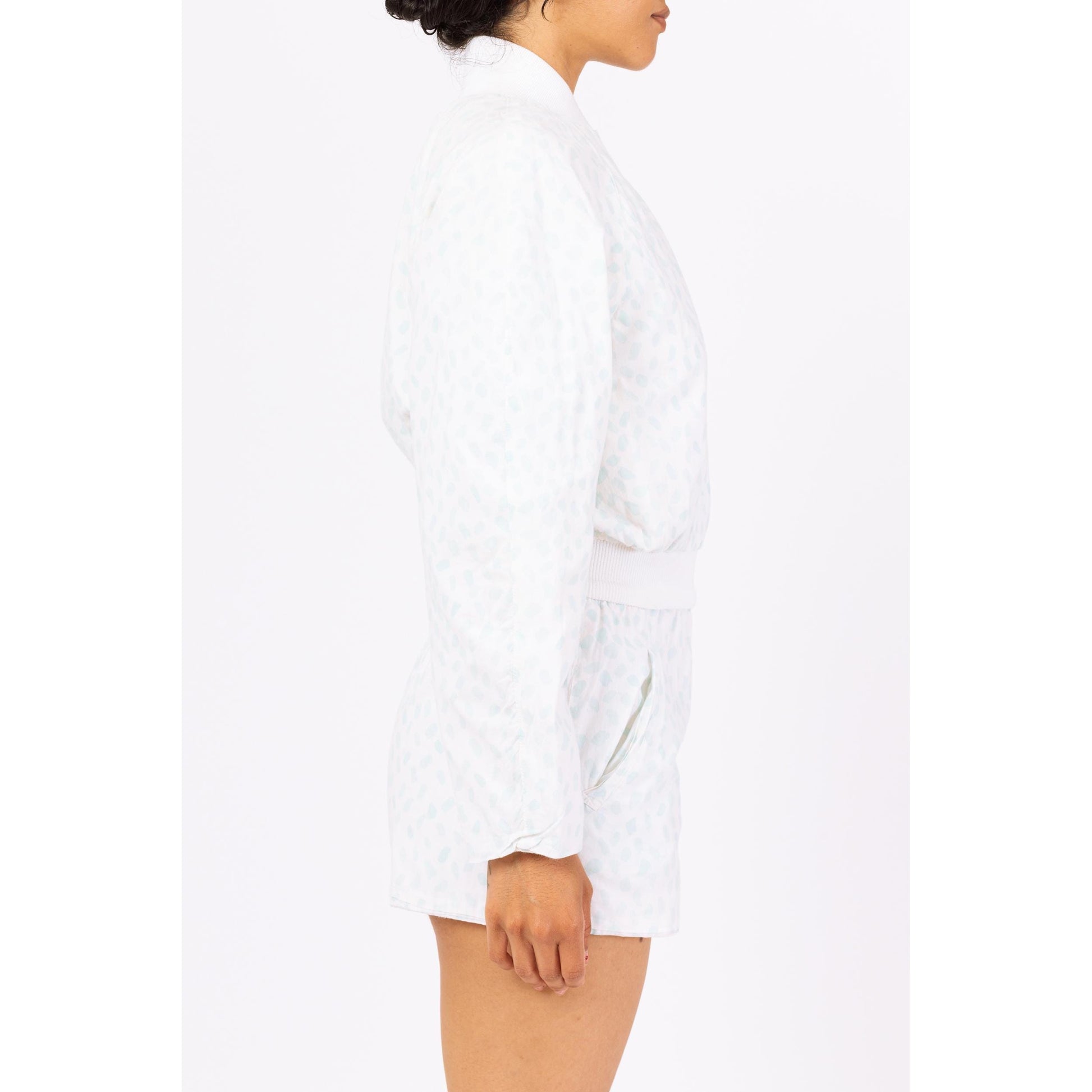 Vintage 80s Blue & White Polka Dot Romper - Small | Pastel Long Sleeve Fitted Waist Short Jumpsuit