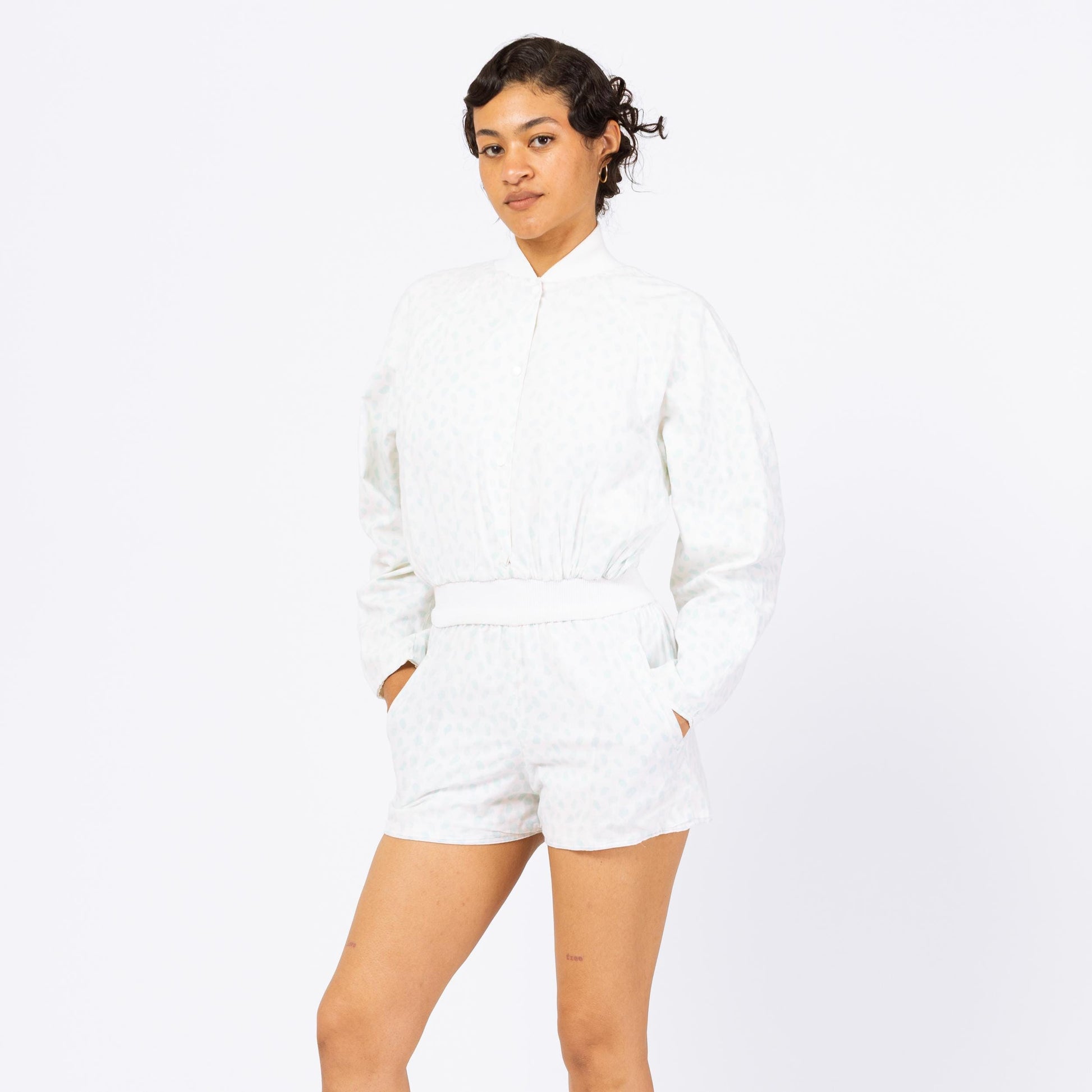 Vintage 80s Blue & White Polka Dot Romper - Small | Pastel Long Sleeve Fitted Waist Short Jumpsuit