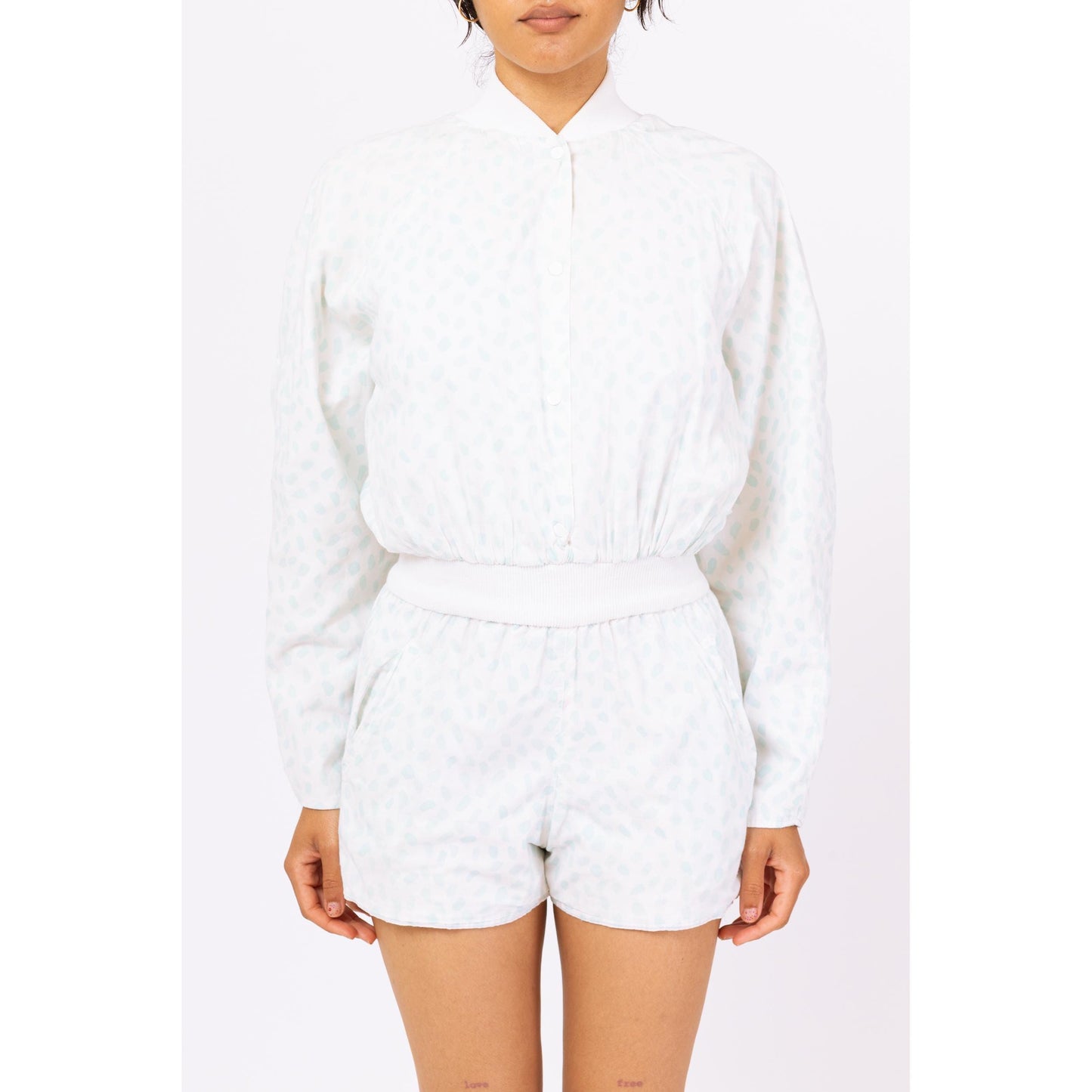 Vintage 80s Blue & White Polka Dot Romper - Small | Pastel Long Sleeve Fitted Waist Short Jumpsuit