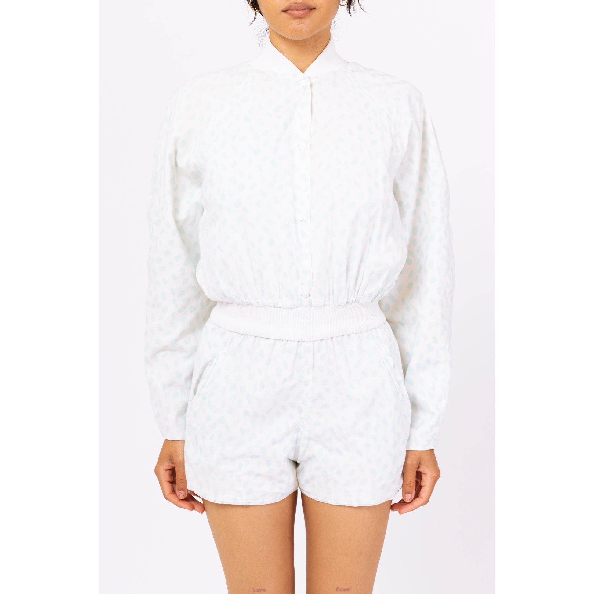 Vintage 80s Blue & White Polka Dot Romper - Small | Pastel Long Sleeve Fitted Waist Short Jumpsuit