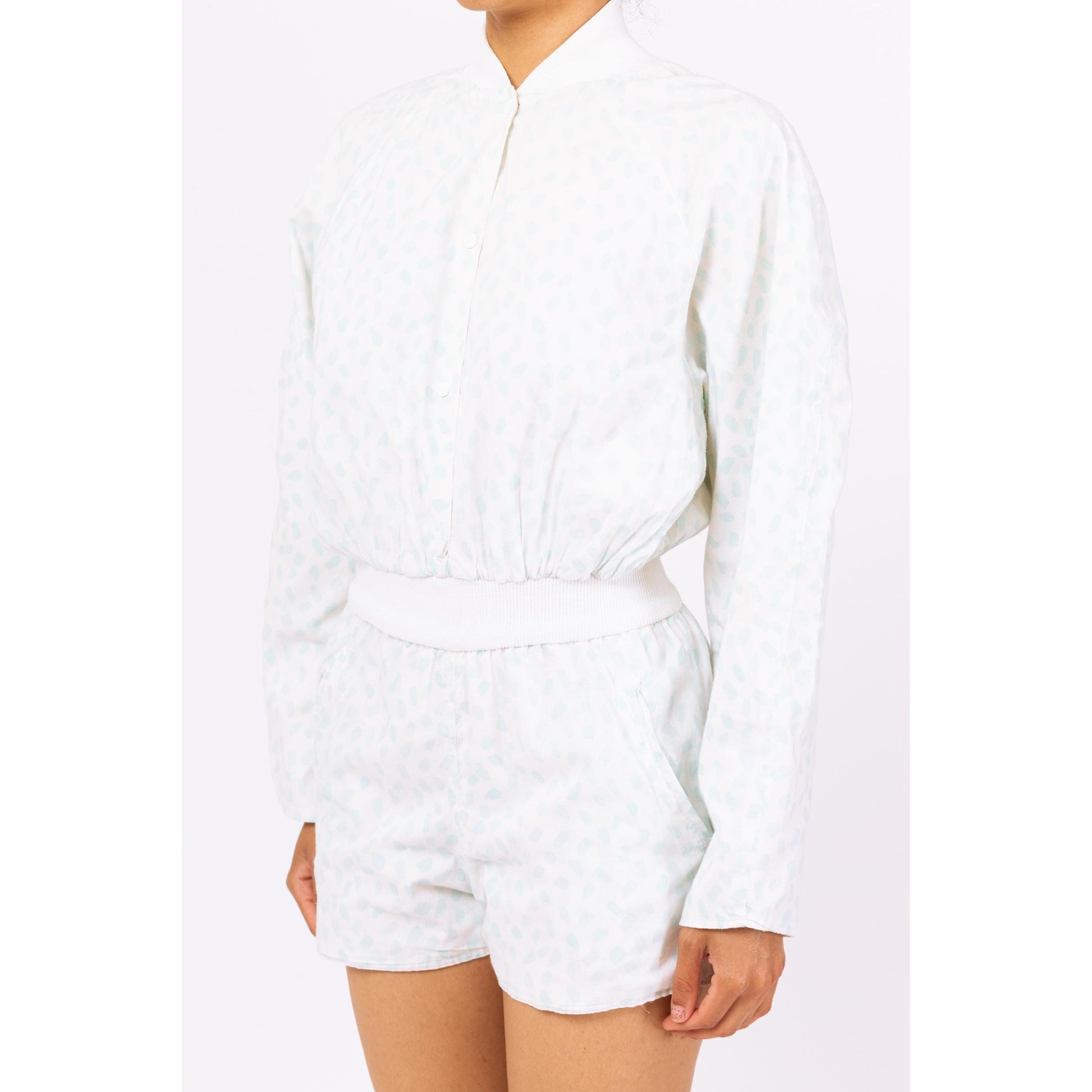 Vintage 80s Blue & White Polka Dot Romper - Small | Pastel Long Sleeve Fitted Waist Short Jumpsuit