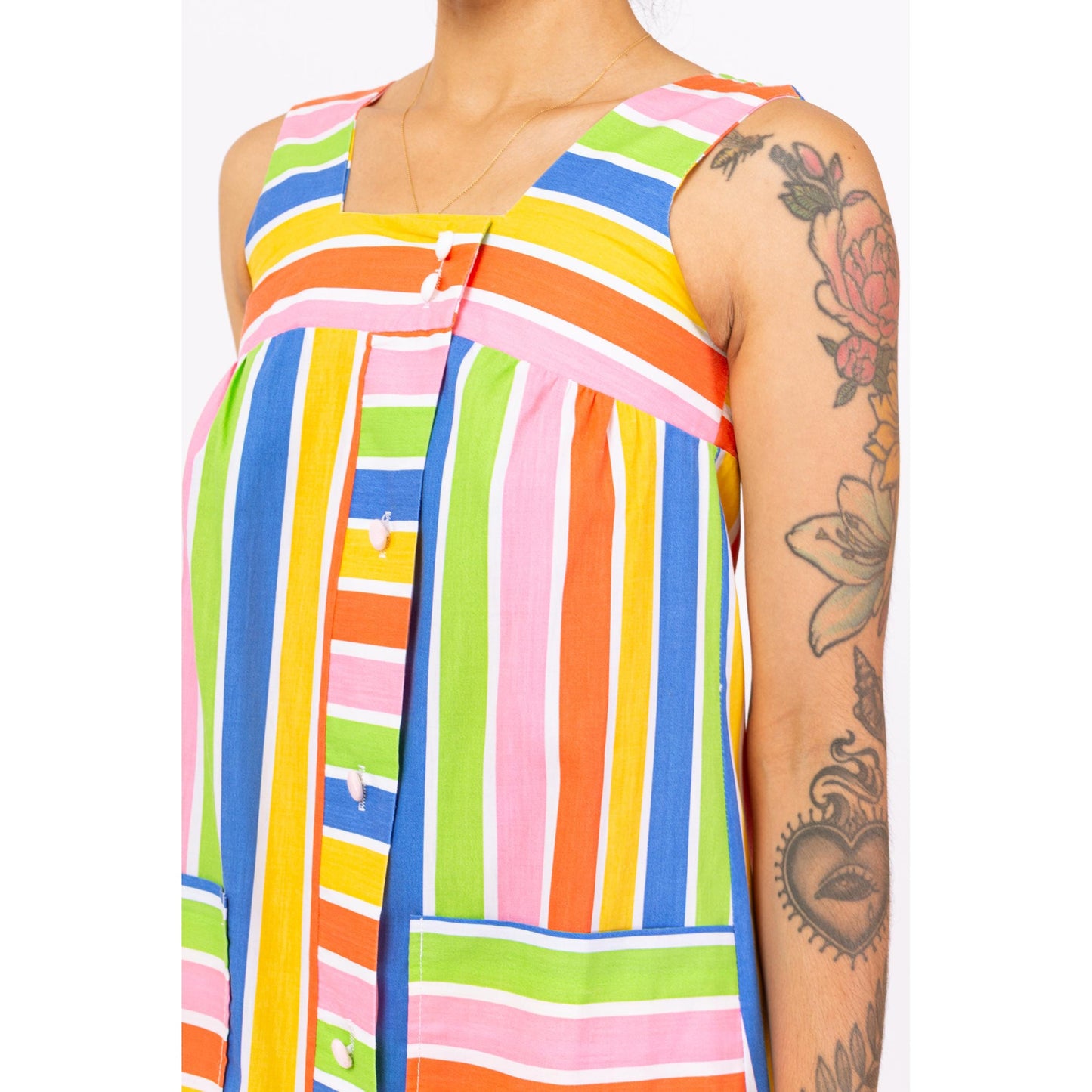 Vintage 60s Rainbow Striped Midi House Dress - Petite XS | Retro Sleeveless A-Line Tank Loungewear Dress, Button Up Pocket Sundress