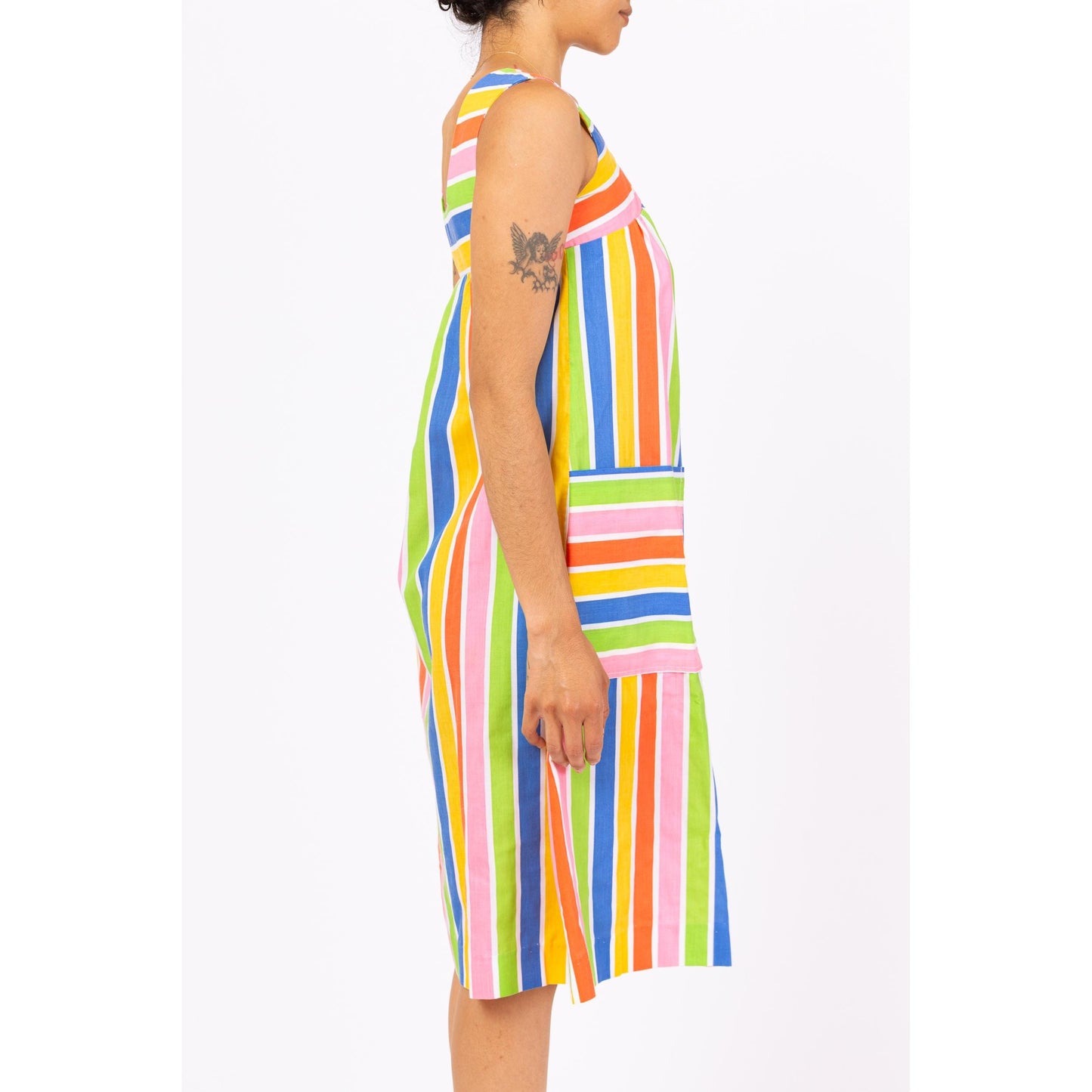 Vintage 60s Rainbow Striped Midi House Dress - Petite XS | Retro Sleeveless A-Line Tank Loungewear Dress, Button Up Pocket Sundress