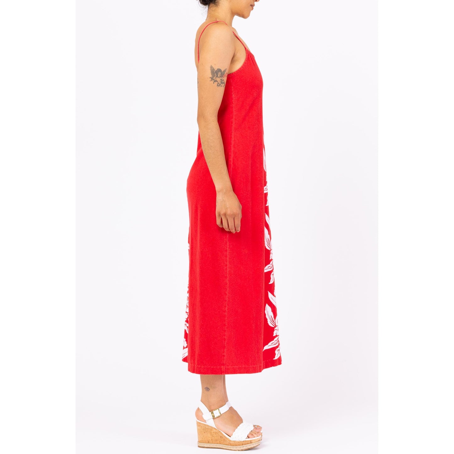 Vintage 90s Red & White Tropical Floral Maxi Dress - Small | Boho Beach Vacation Long Summer Dress, Spaghetti Strap Hawaiian Sundress