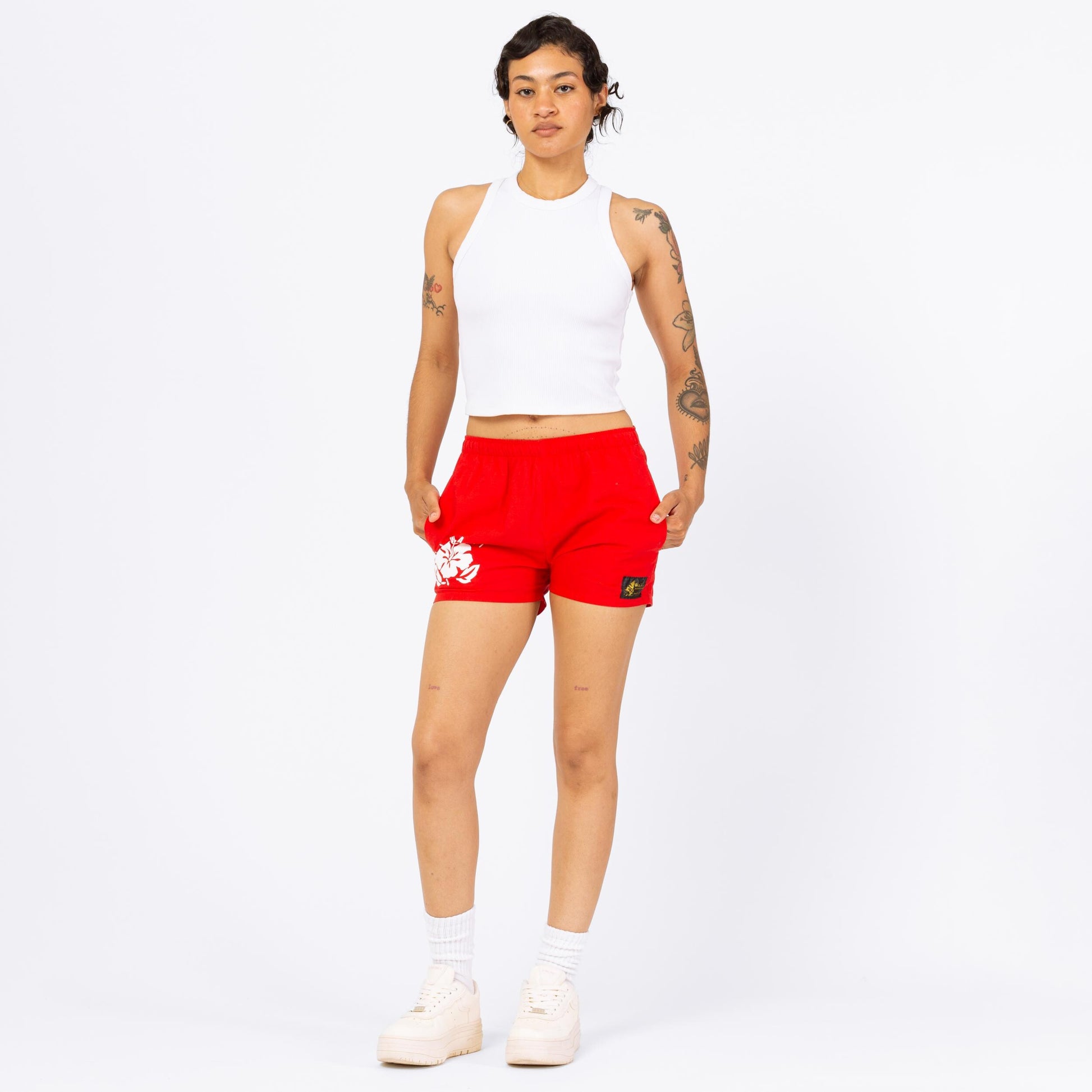 Vintage 90s Hawaiian Red Floral Surf Shorts - XS to Petite Small | Mid Rise Women's Swim Shorts, Hibiscus Flower Print Mini Board Shorts