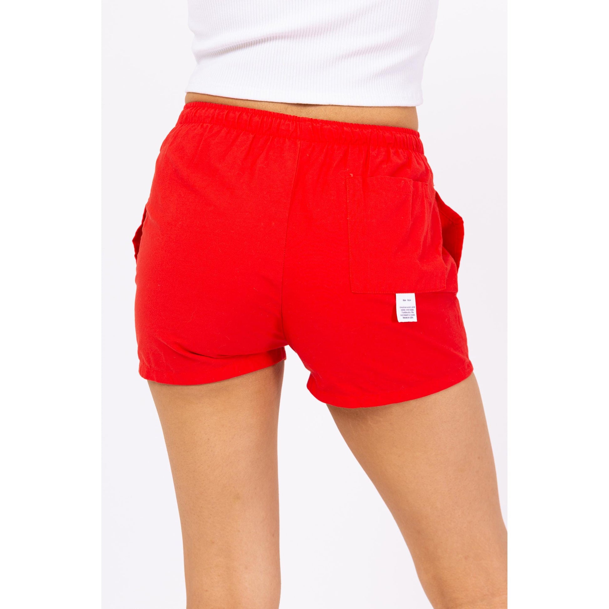 Vintage 90s Hawaiian Red Floral Surf Shorts - XS to Petite Small | Mid Rise Women's Swim Shorts, Hibiscus Flower Print Mini Board Shorts