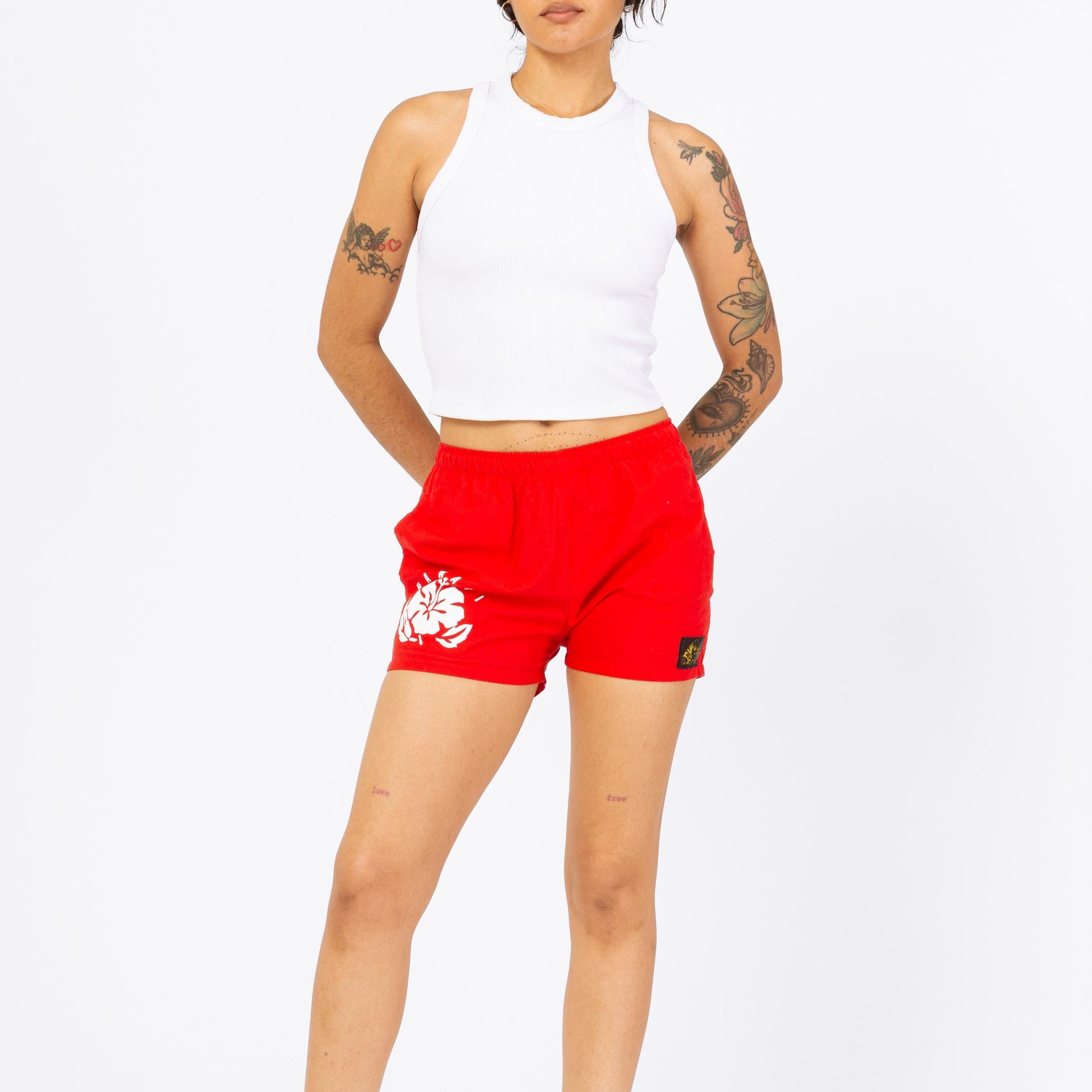 Vintage 90s Hawaiian Red Floral Surf Shorts - XS to Petite Small | Mid Rise Women's Swim Shorts, Hibiscus Flower Print Mini Board Shorts