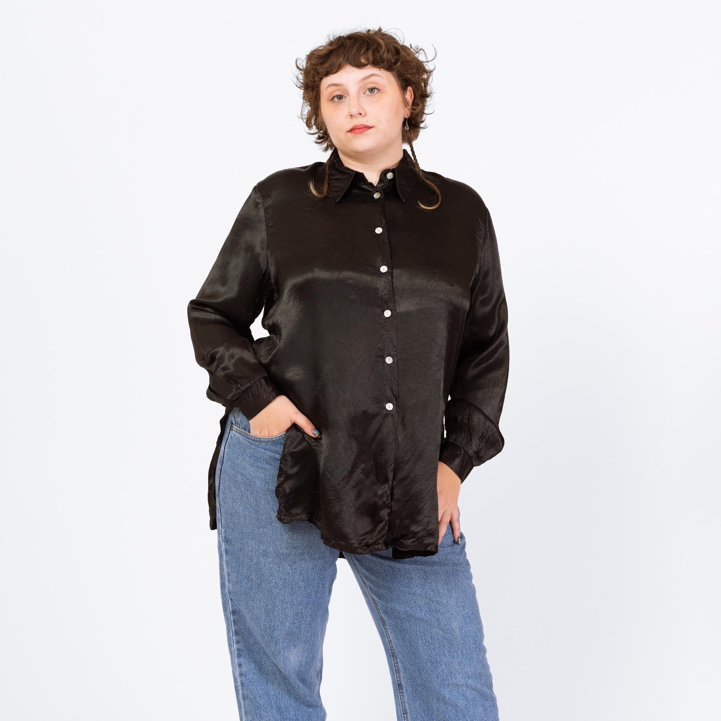 Vintage 90s Black Satin Long Side Slit Blouse - Extra Large | Minimalist Longline Oversize Button Up Collared Shirt