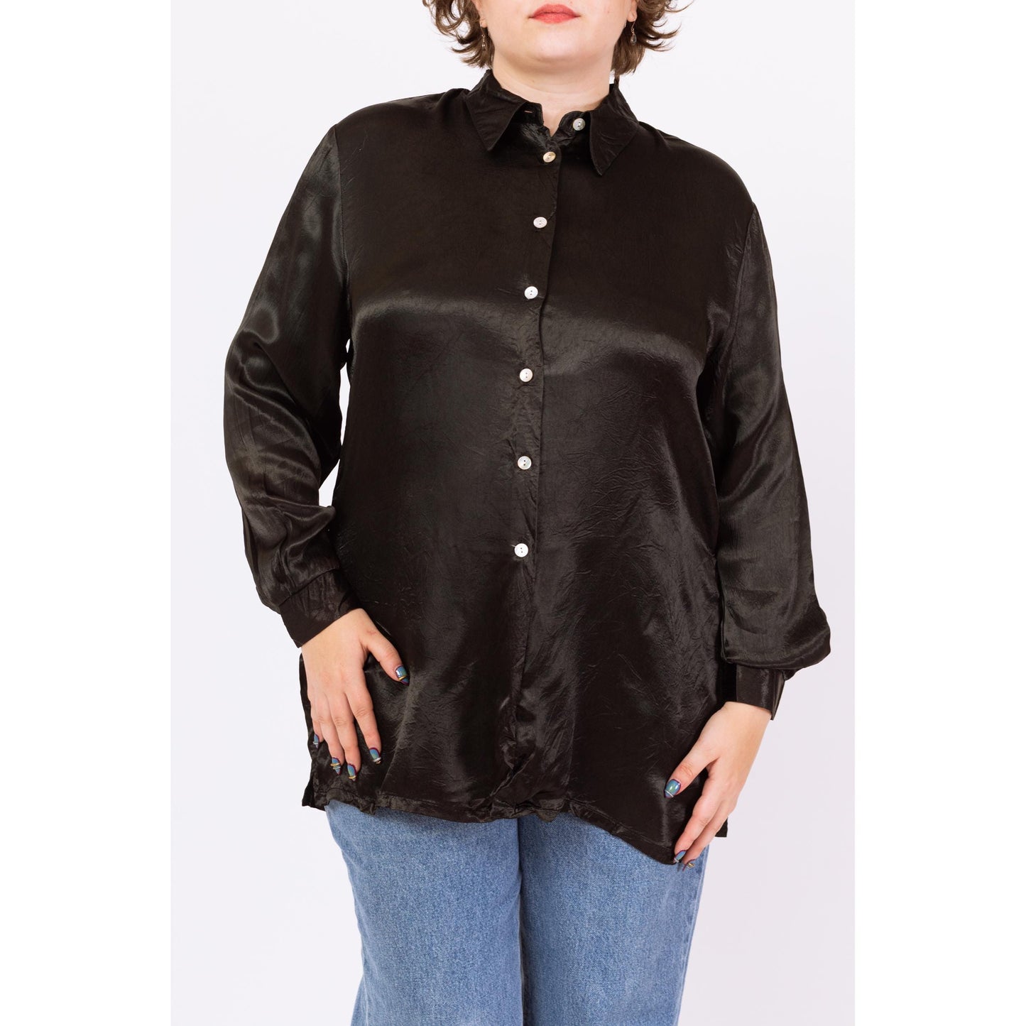 Vintage 90s Black Satin Long Side Slit Blouse - Extra Large | Minimalist Longline Oversize Button Up Collared Shirt