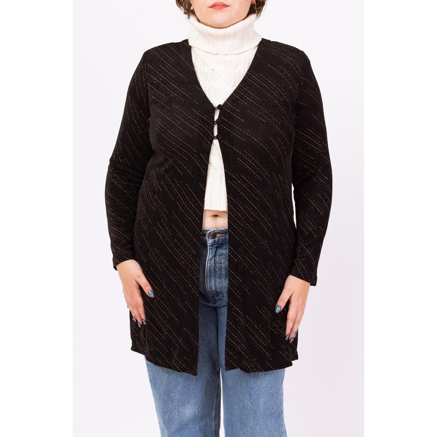 Vintage 90s Black Metallic Striped Slinky Overshirt - Extra Large | Stretchy Long Sleeve Button Front Longline Open Front Cardigan Blouse