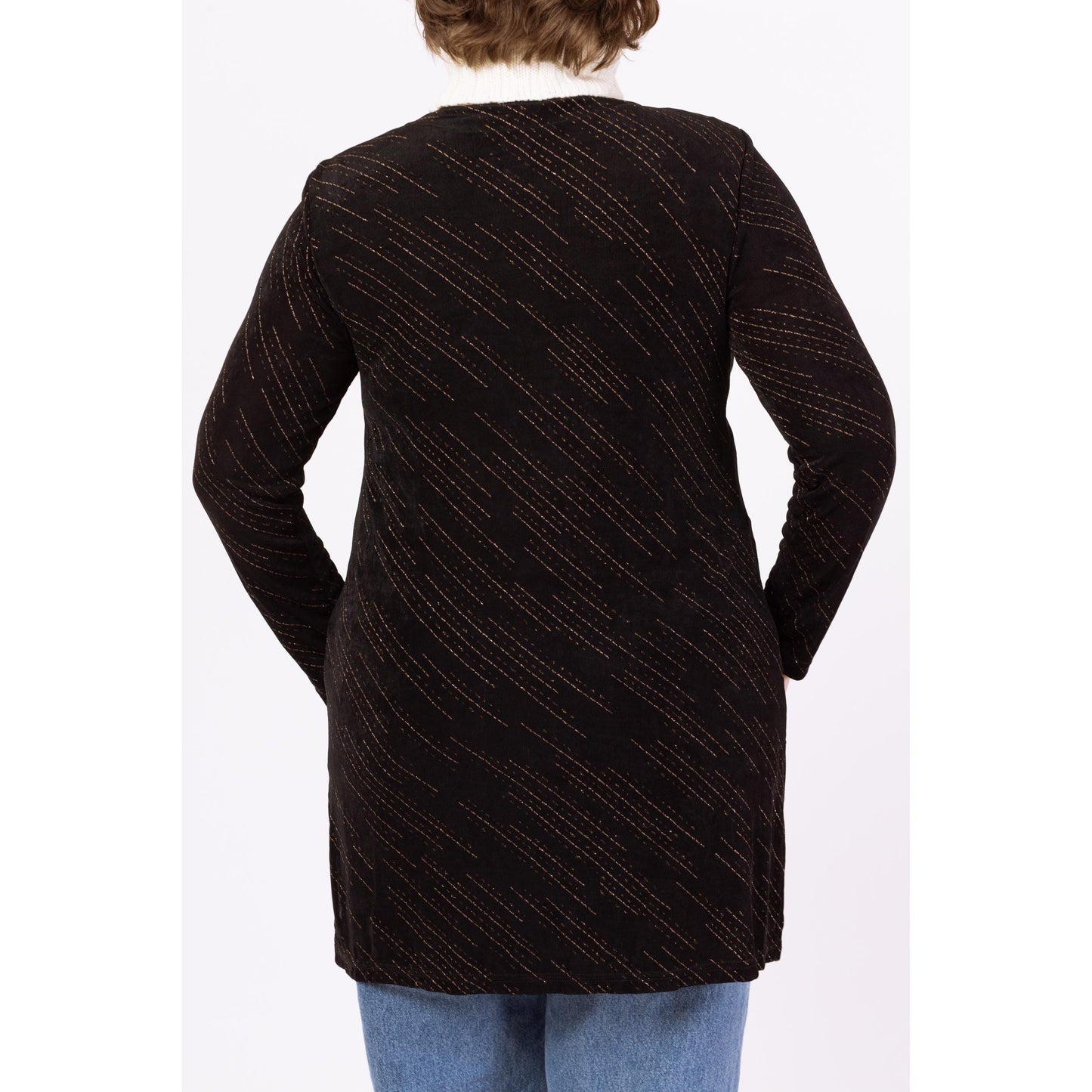 Vintage 90s Black Metallic Striped Slinky Overshirt - Extra Large | Stretchy Long Sleeve Button Front Longline Open Front Cardigan Blouse