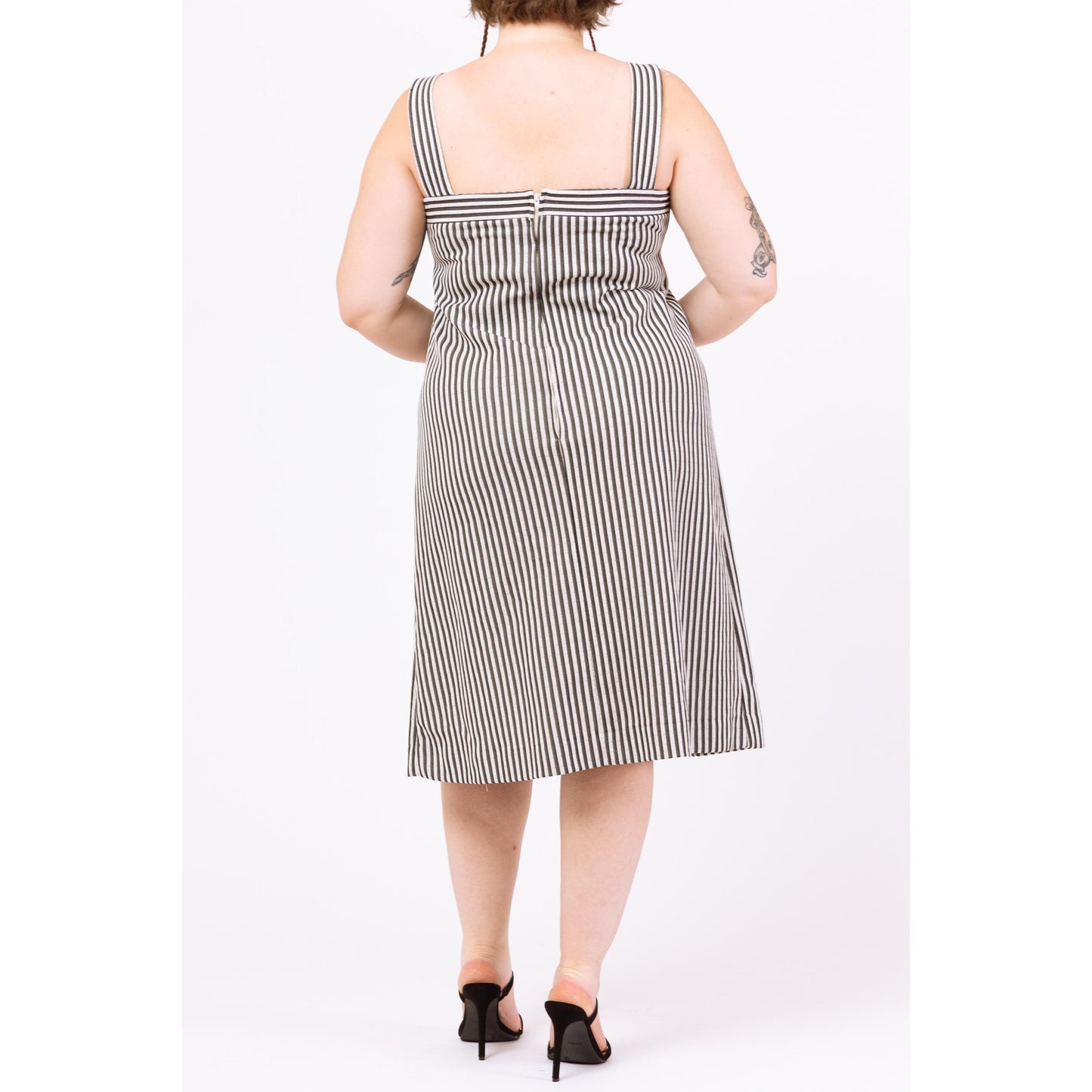 Vintage 70s Black & White Striped Midi Dress - Large | Retro Sleeveless Sweetheart Neck A Line Button Up Sundress