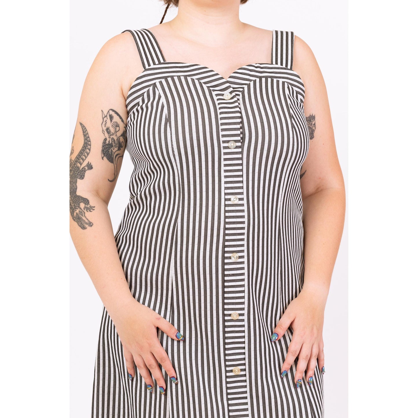 Vintage 70s Black & White Striped Midi Dress - Large | Retro Sleeveless Sweetheart Neck A Line Button Up Sundress