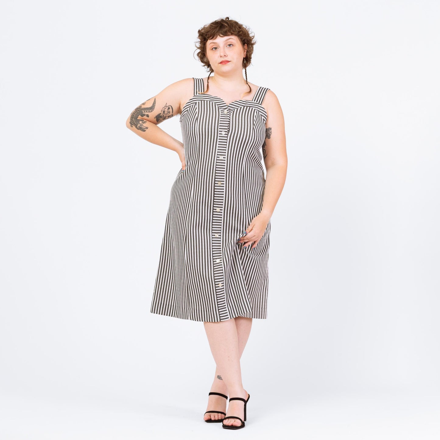 Vintage 70s Black & White Striped Midi Dress - Large | Retro Sleeveless Sweetheart Neck A Line Button Up Sundress