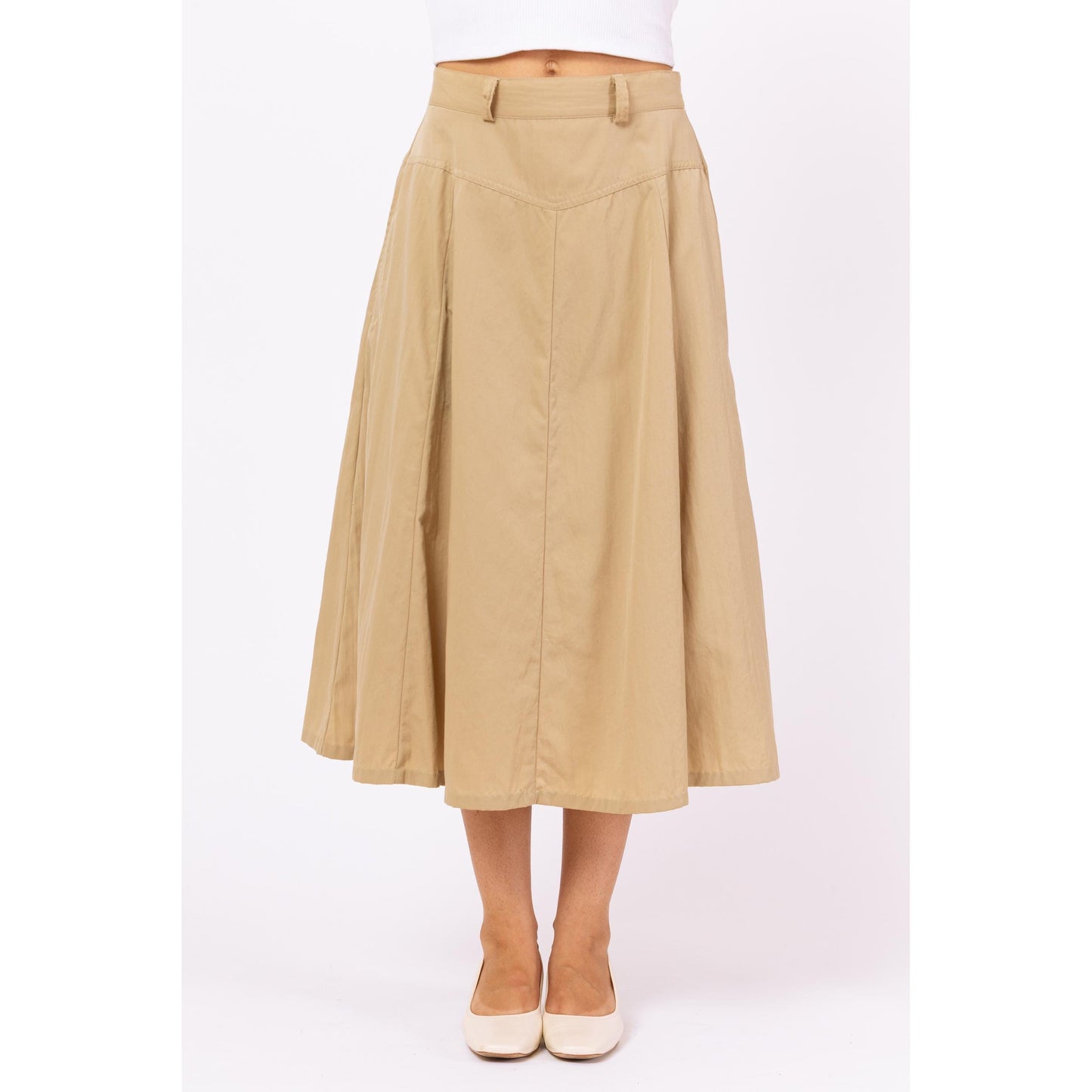 Vintage 90s Khaki Yoked Waist Safari Midi Skirt - Small to Medium, 27"-28" Waist | A-Line Tan High Waisted Western Skirt With Pockets