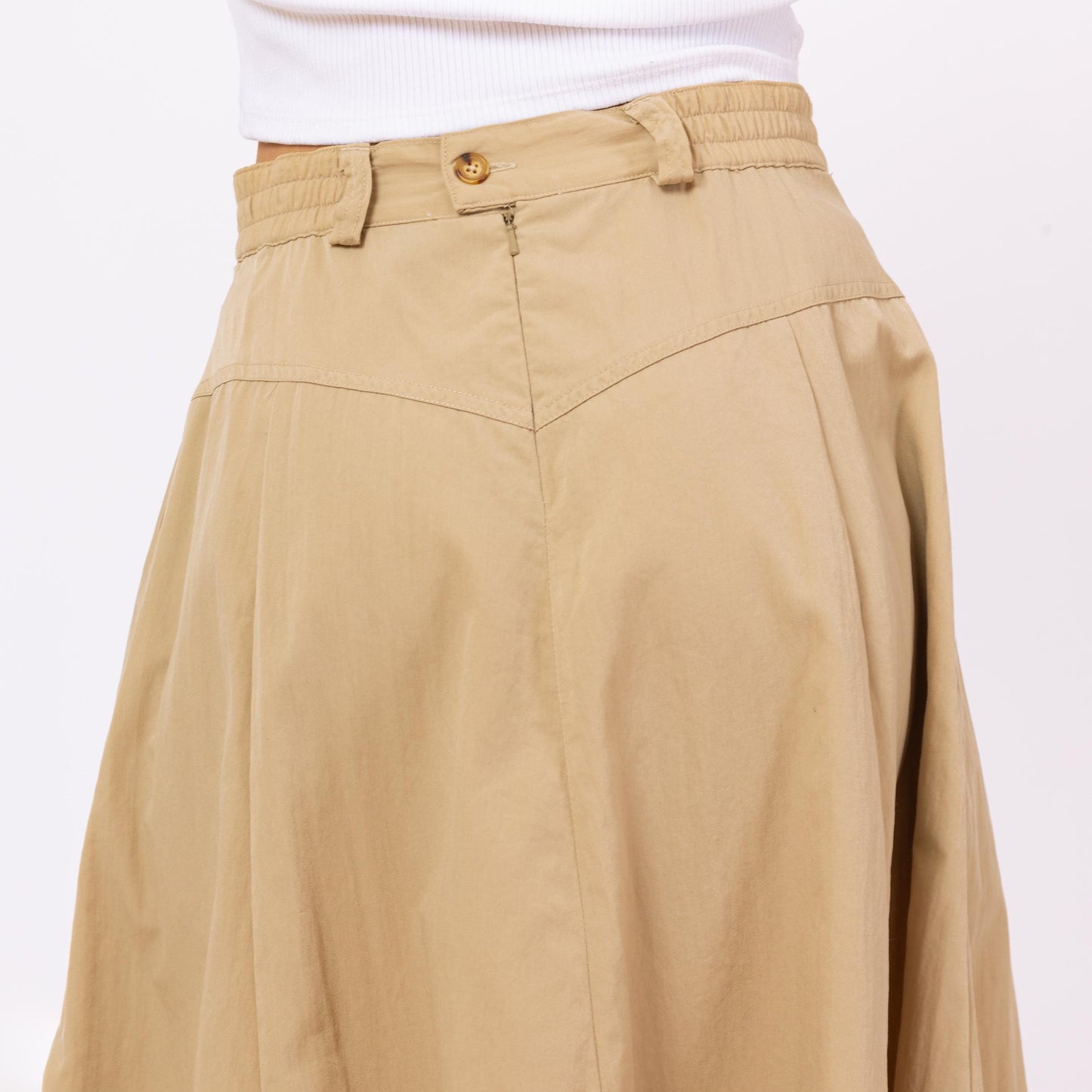 Vintage 90s Khaki Yoked Waist Safari Midi Skirt - Small to Medium, 27"-28" Waist | A-Line Tan High Waisted Western Skirt With Pockets
